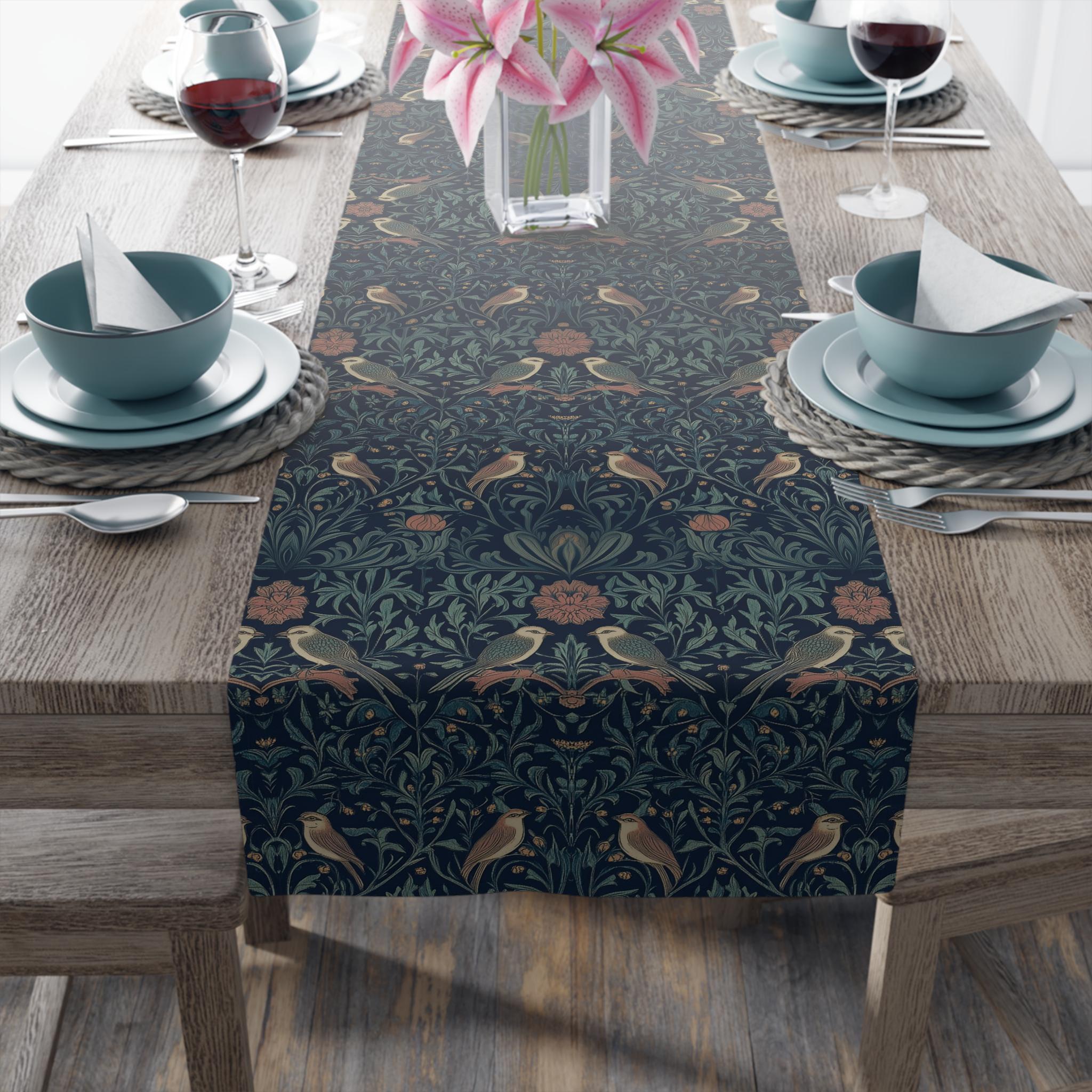 Midnight Songbirds Table Runner: William Morris Birds Pattern Revival