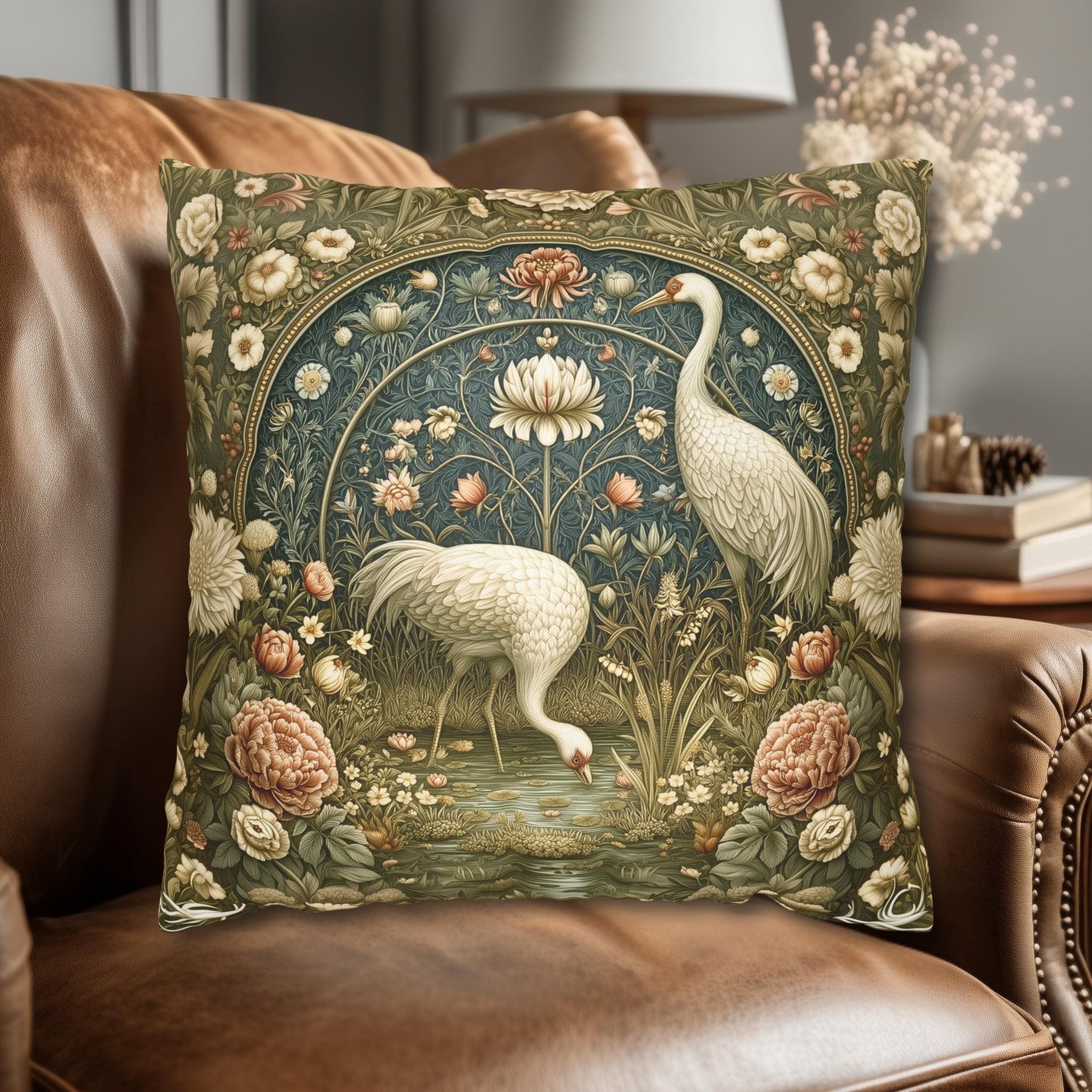 William Morris Style Throw Pillow Cover: Cranes and Marsh Botanicals