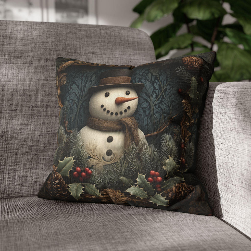 William Morris Inspired Christmas Snowman Pillow Cover: Woodland Pine & Holly Illustration