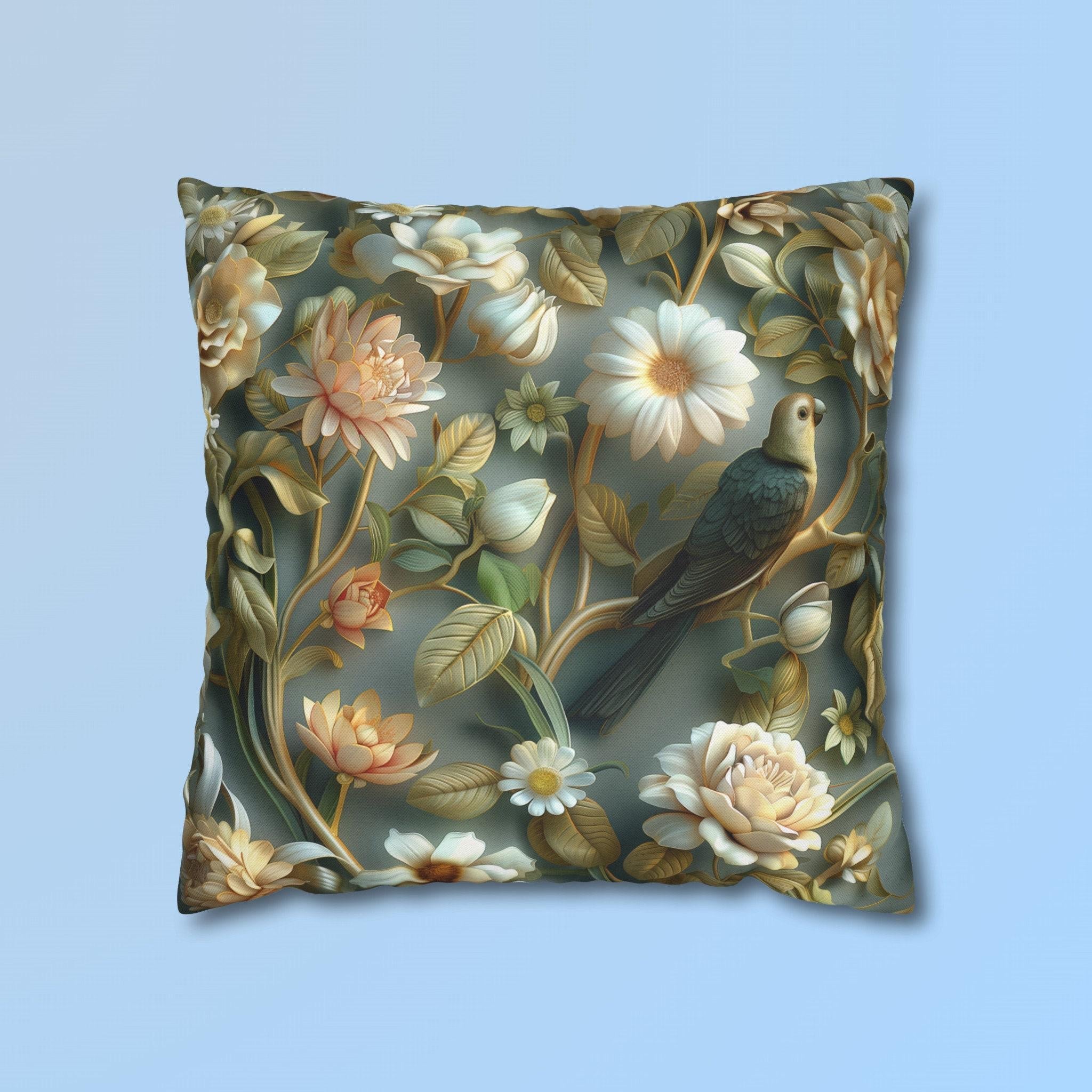 William Morris Pillow Cover | Green Conure, Floral Bird Art