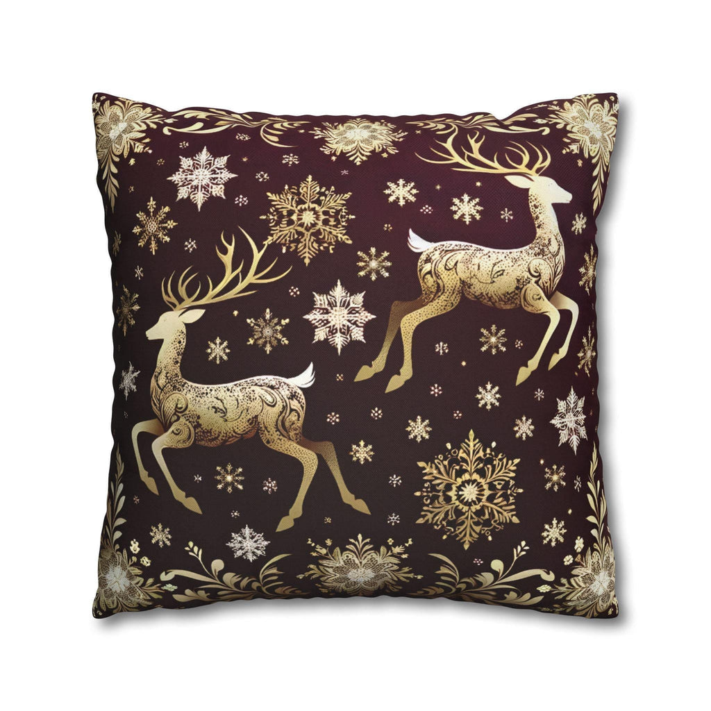 Golden Reindeer Snowflake Decorative Throw Pillow Cover: Festive Elegance Designer Square Pillowcase