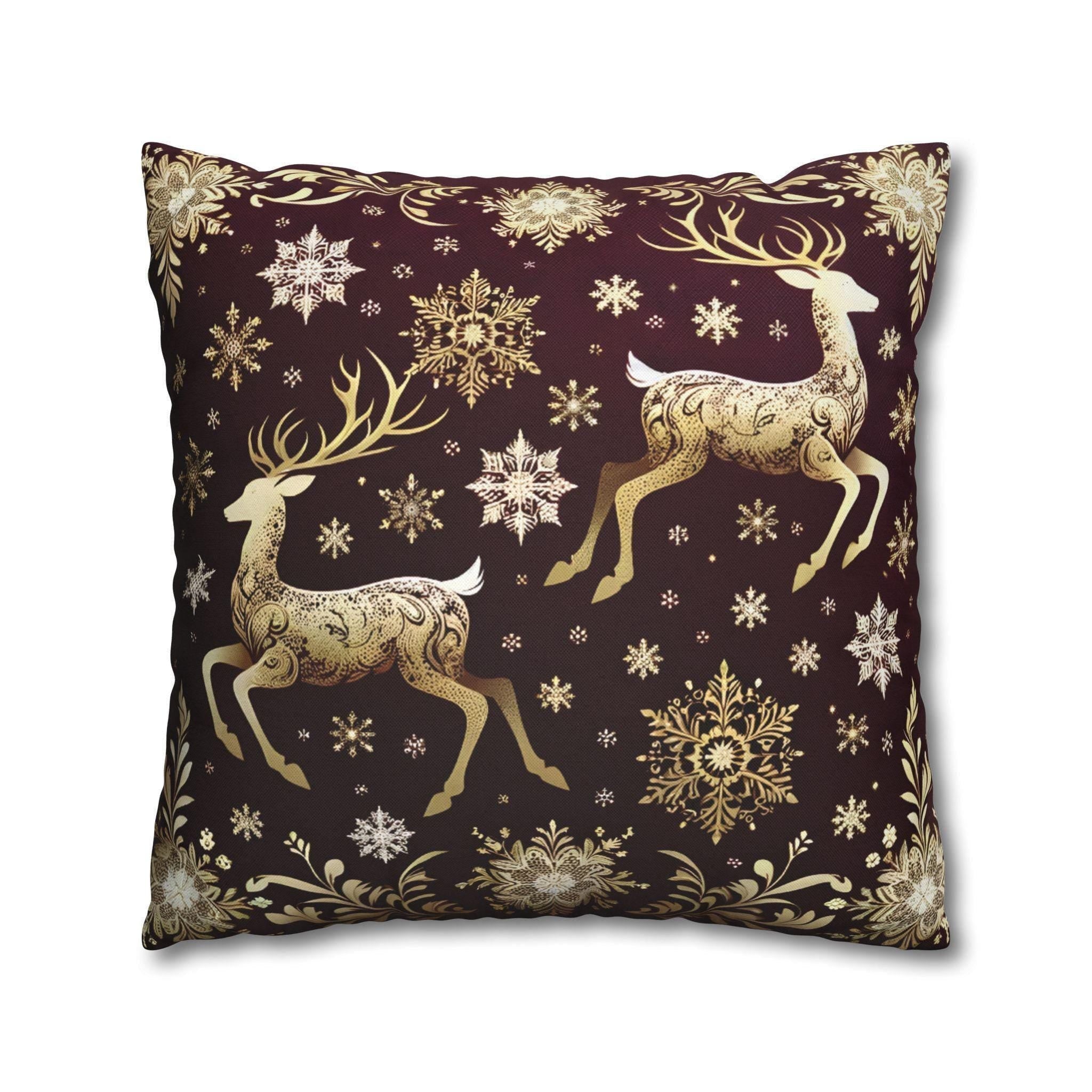 Golden Reindeer Snowflake Decorative Throw Pillow Cover: Festive Elegance Designer Square Pillowcase