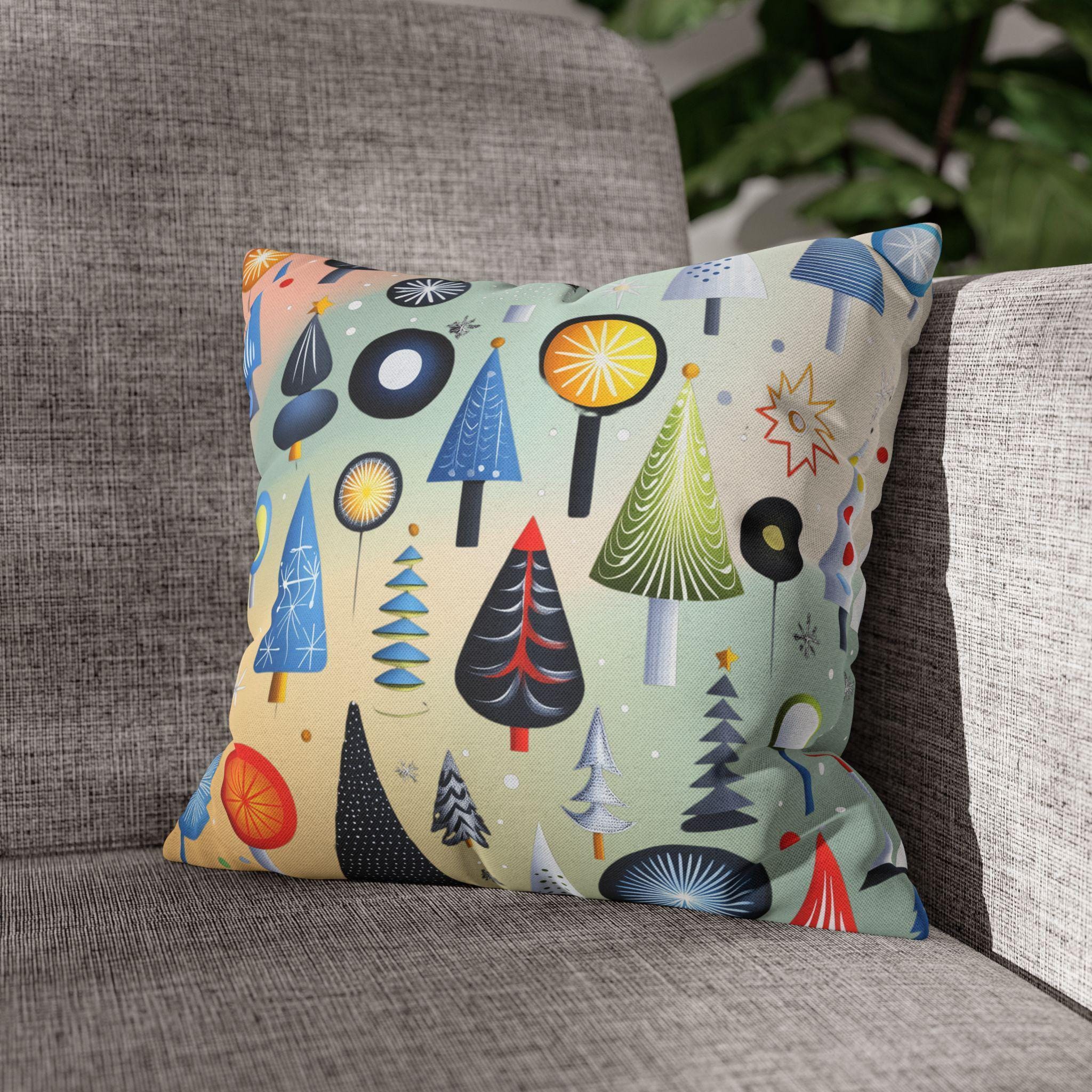 Modern Retro Christmas Trees Pillowcase, Festive Mid-Century Modern Nostalgic Xmas Pillow Cover