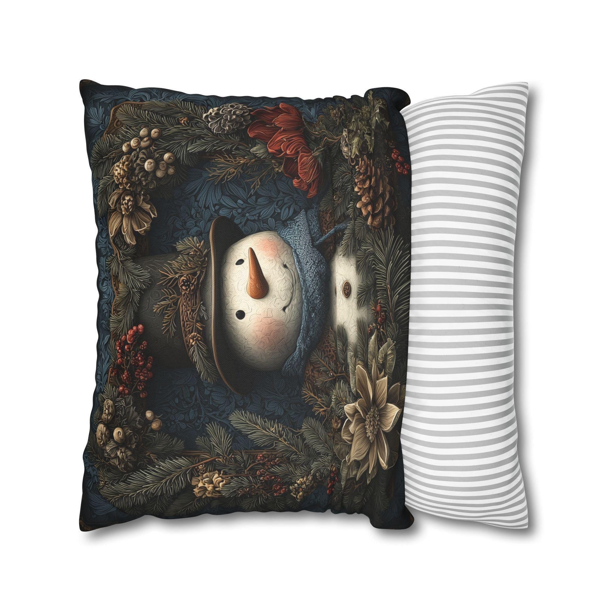 Winter Woodland Snowman Pillow Cover: William Morris Style with Pine, Florals & Vintage Charm
