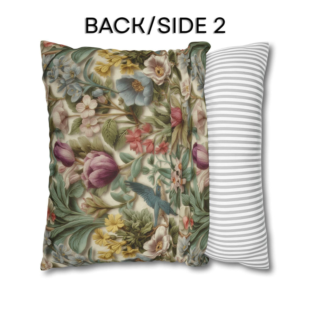 Stylized Botanical Pillow Cover: Floral & Songbird Garden in Soft Pastels