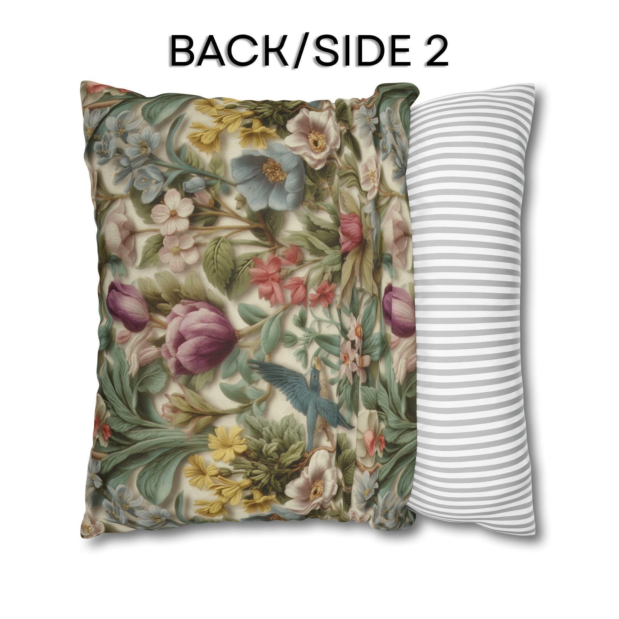 Stylized Botanical Pillow Cover: Floral & Songbird Garden in Soft Pastels