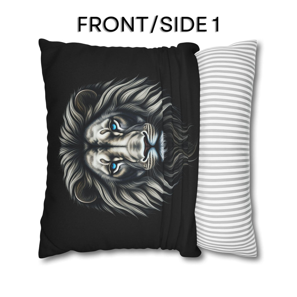 Midnight Mane Lion Pillow Cover: Ice-Blue Gaze Edition
