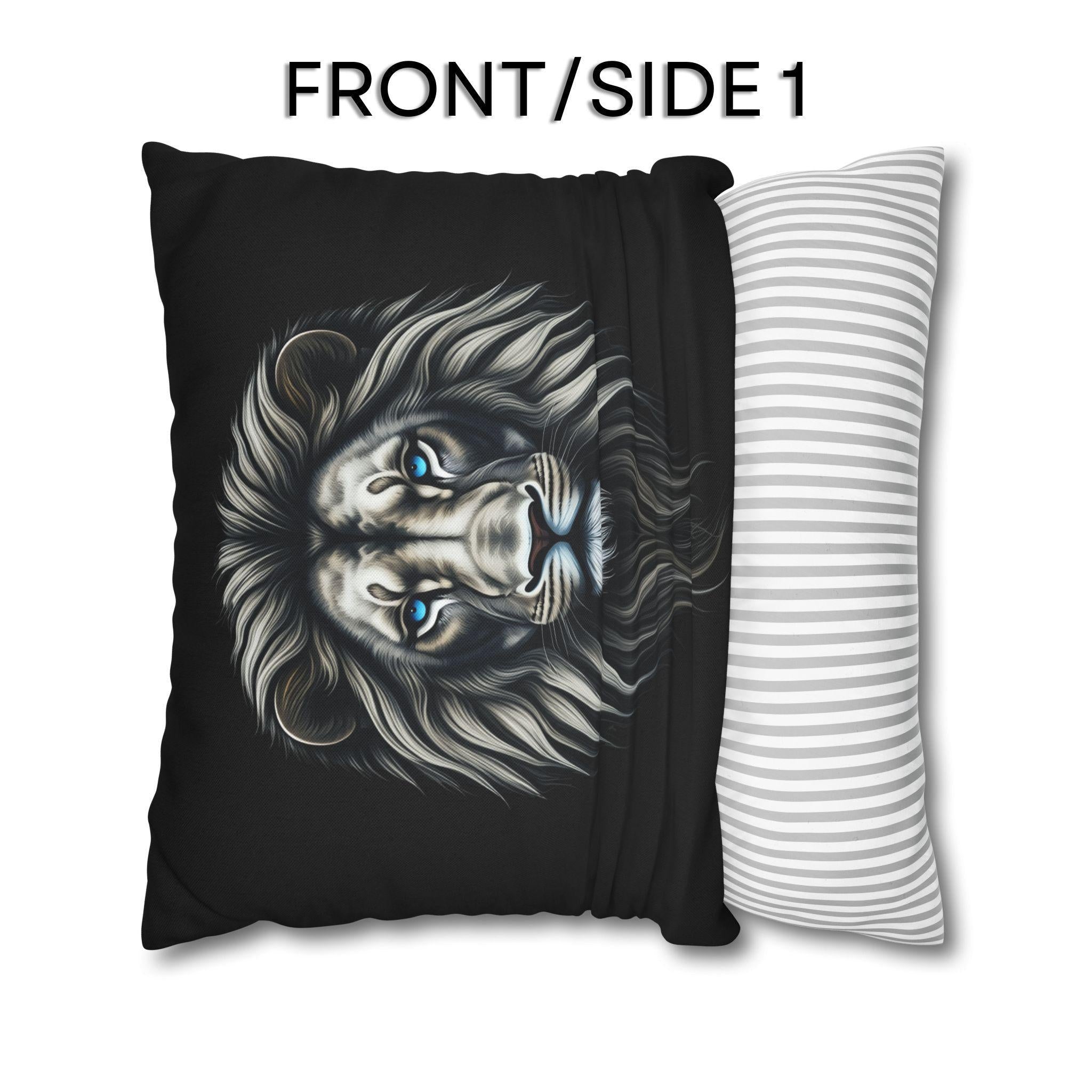 Midnight Mane Lion Pillow Cover: Ice-Blue Gaze Edition