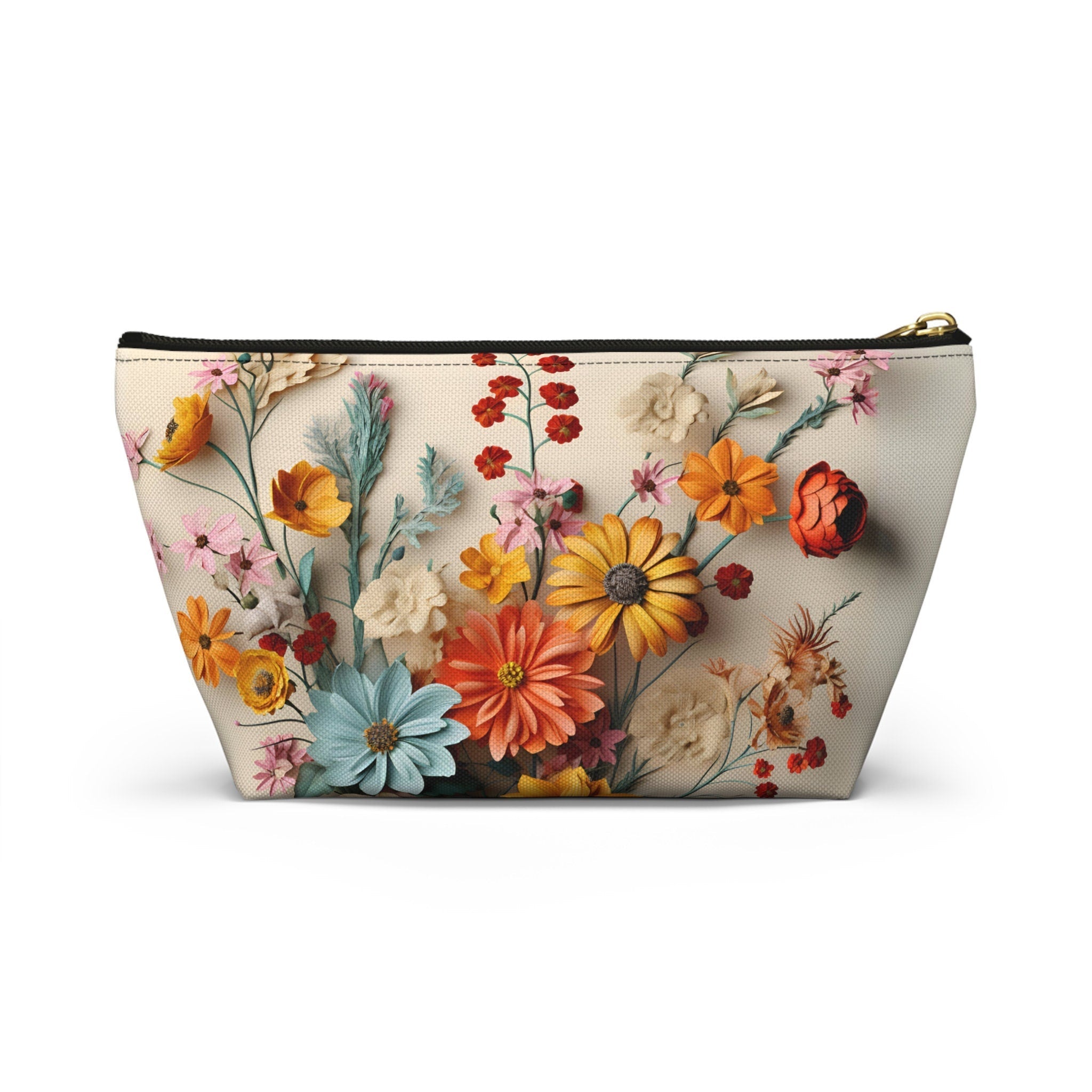 Vintage Wildflower Bouquet Makeup Pouch - Colorful Floral Canvas Accessory Bag in Multiple Sizes