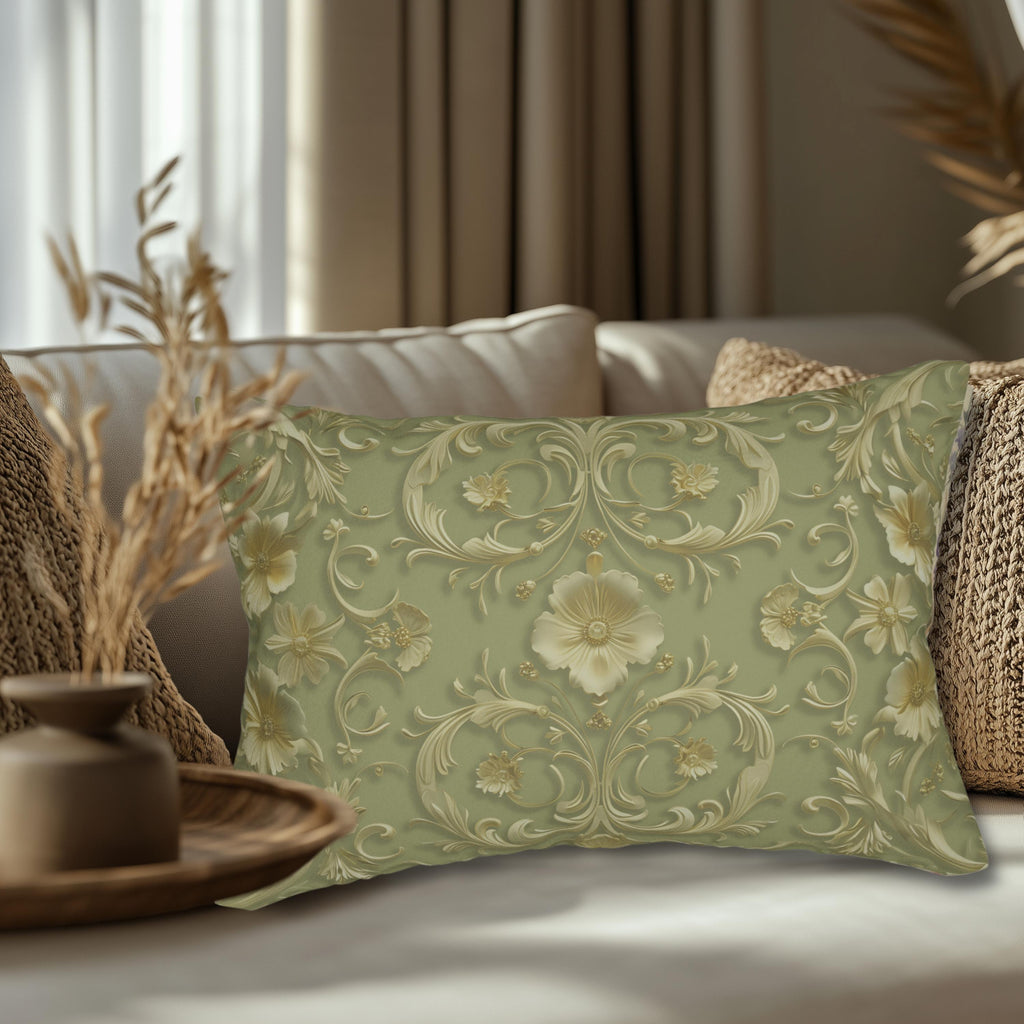 Elegant French Floral Lumbar Pillow - Sage Green with Pale Gold Intricate Design