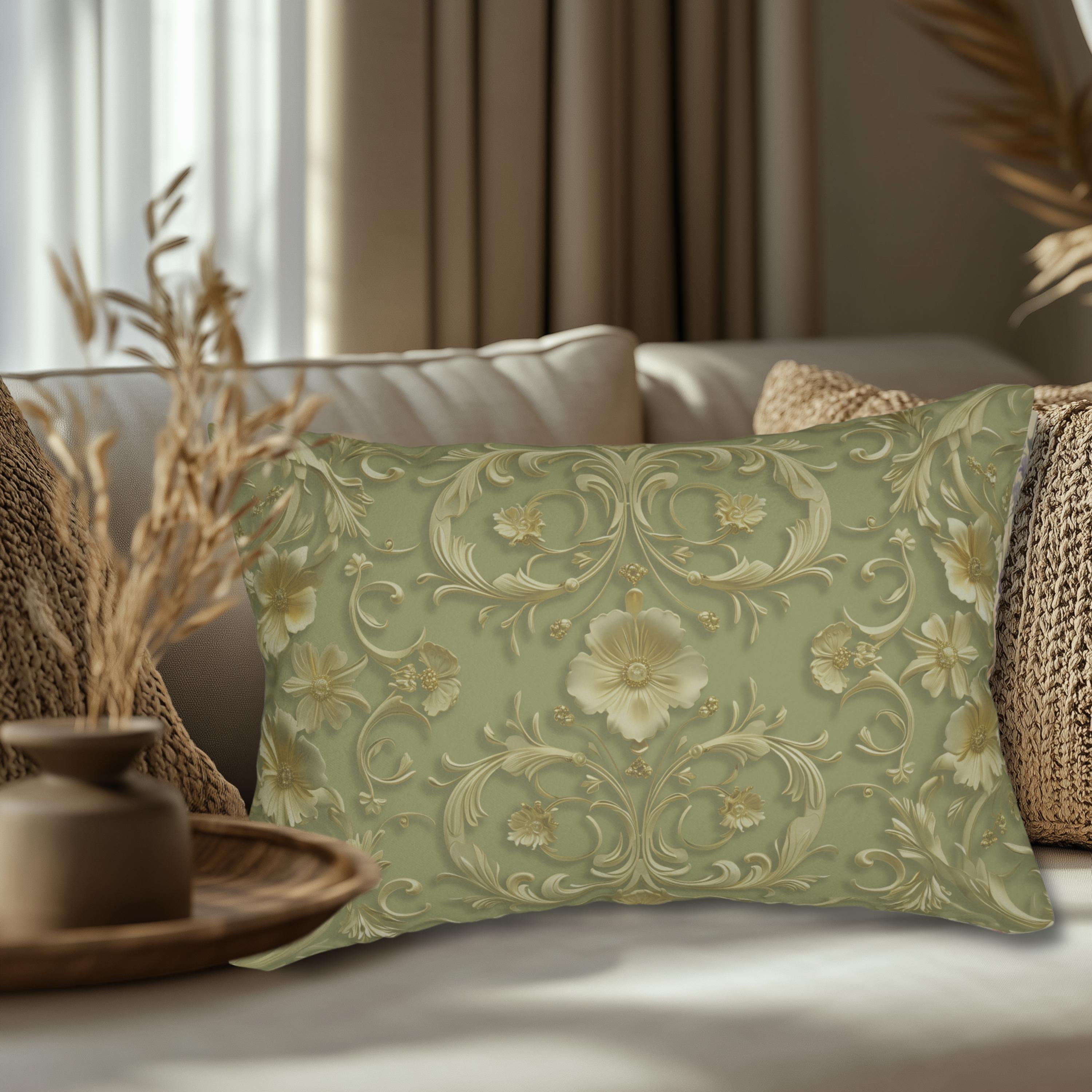 Elegant French Floral Lumbar Pillow - Sage Green with Pale Gold Intricate Design