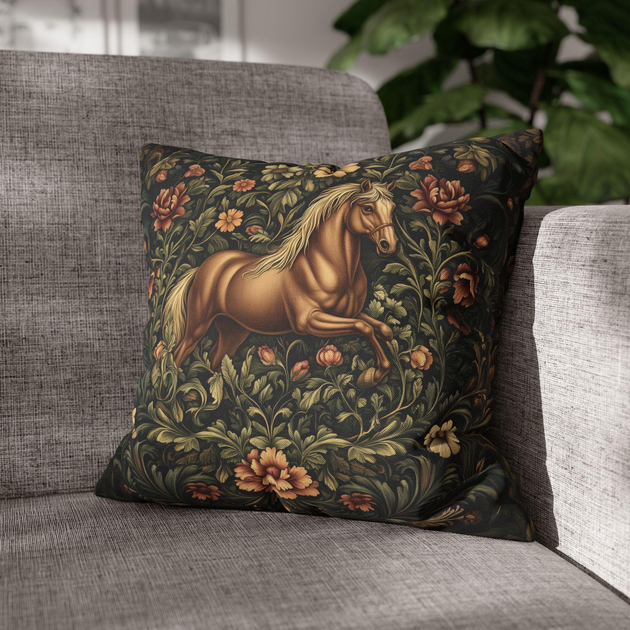 Elegant Equestrian Pillow Cover: William Morris Inspired Botanical Floral Design with Golden Horse Motif
