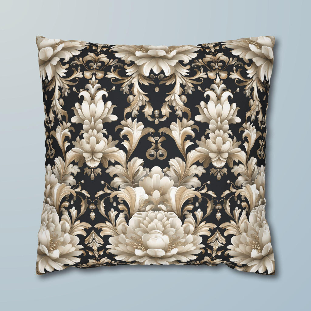 Floral Damask Pillow Cover, Ivory Champagne Gold on Black