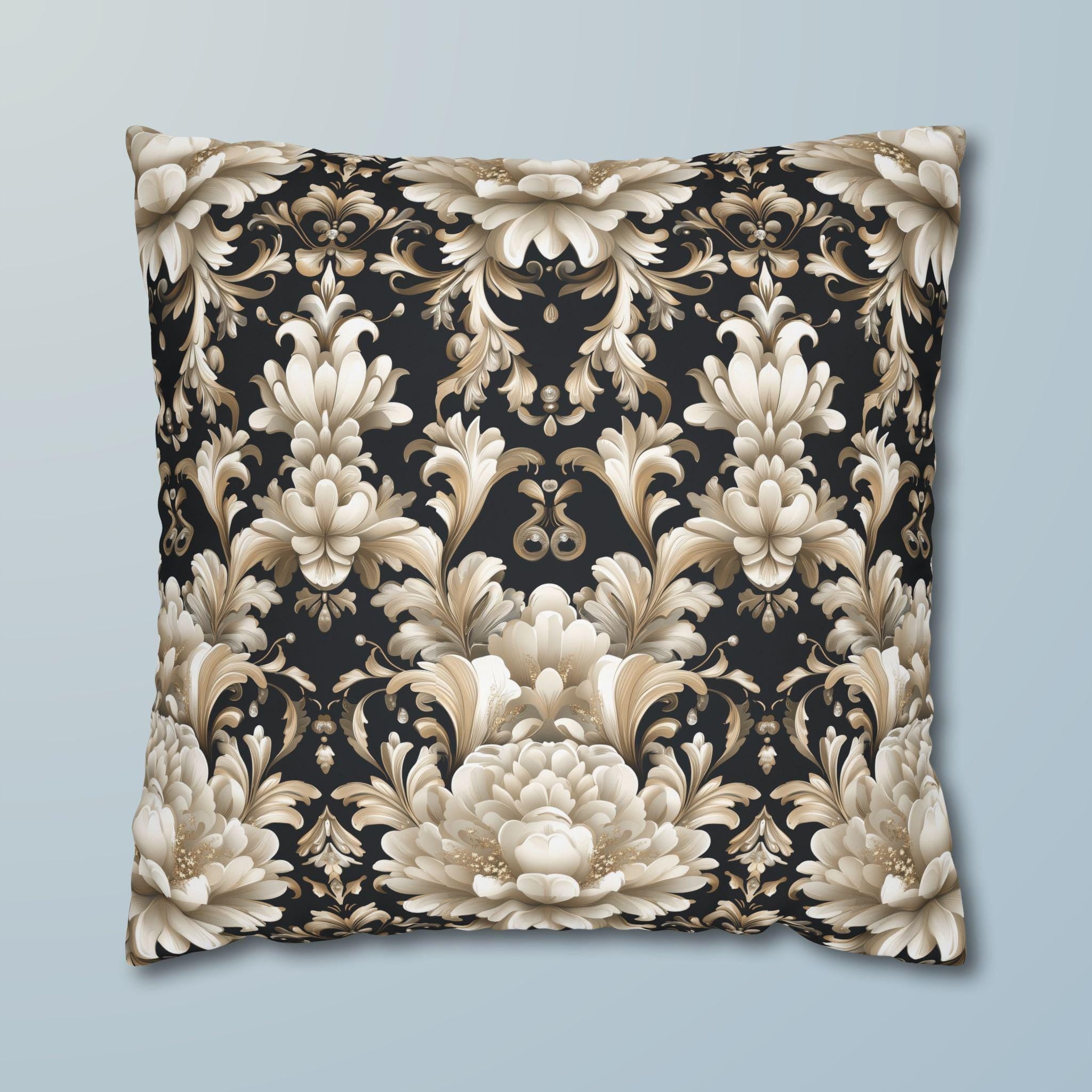 Floral Damask Pillow Cover, Ivory Champagne Gold on Black