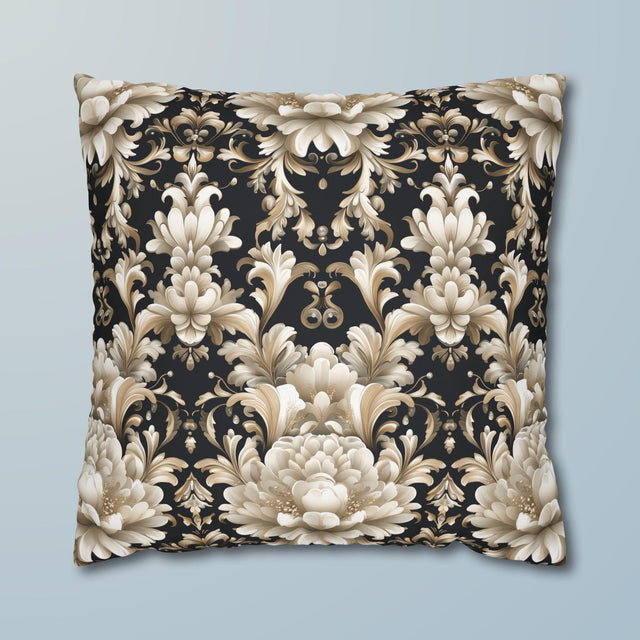 Floral Damask Pillow Cover, Ivory Champagne Gold on Black