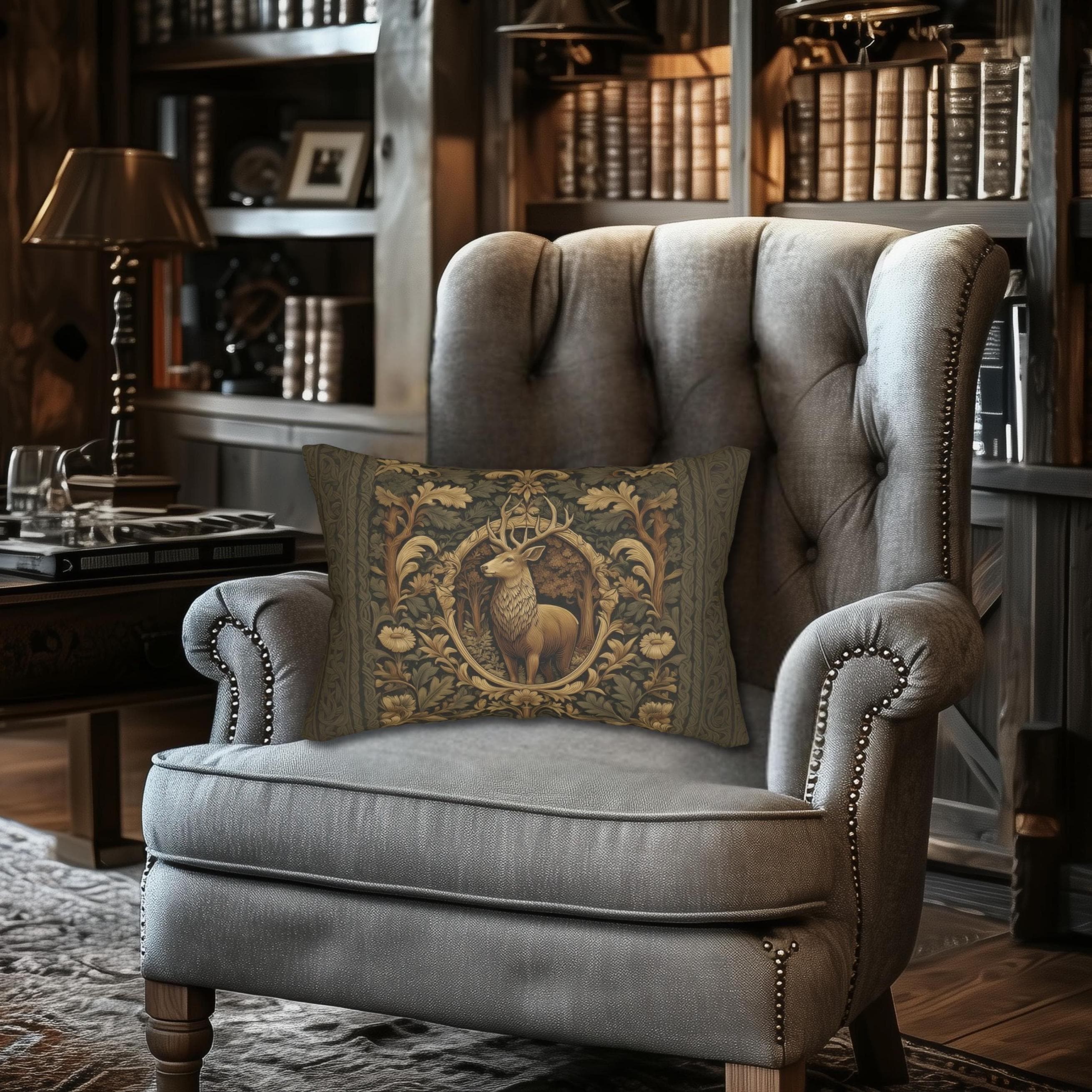 William Morris Inspired Noble Stag Lumbar Pillow: Botanical Woodland Design