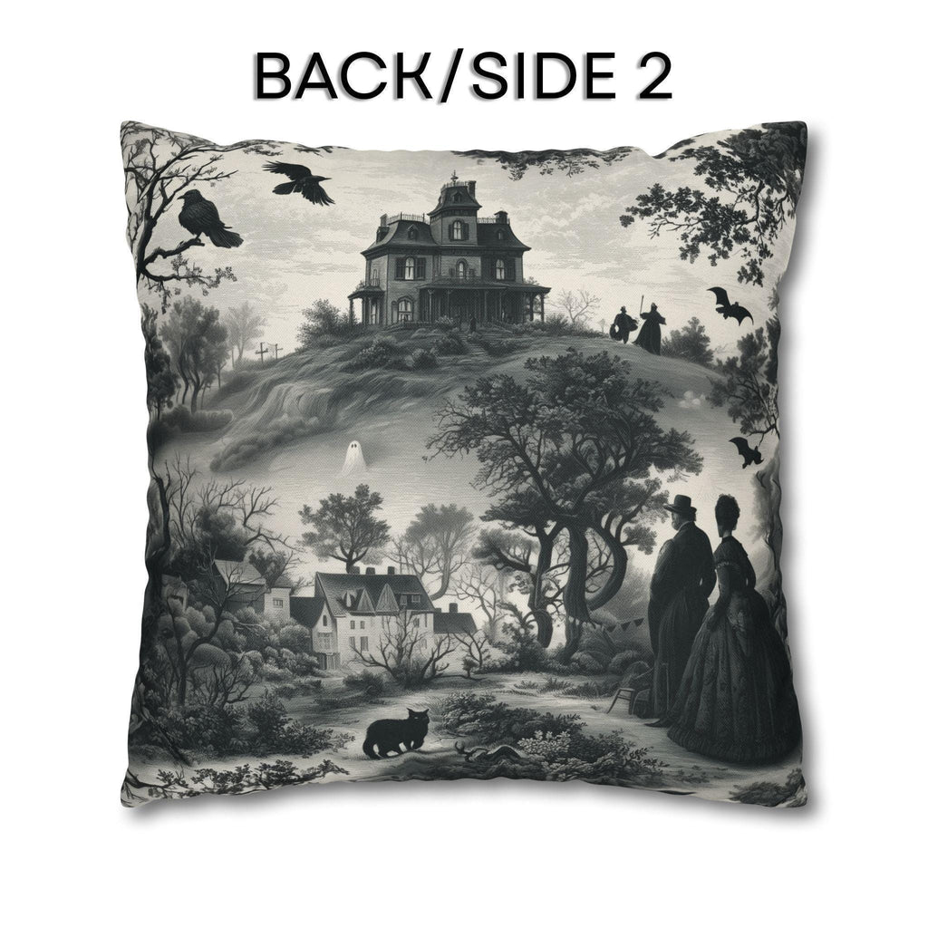 Halloween Toile Pillow Cover: Haunted House, Crows and Black Cat in Monochrome