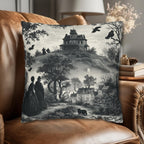 Halloween Toile Pillow Cover: Haunted House, Crows and Black Cat in Monochrome