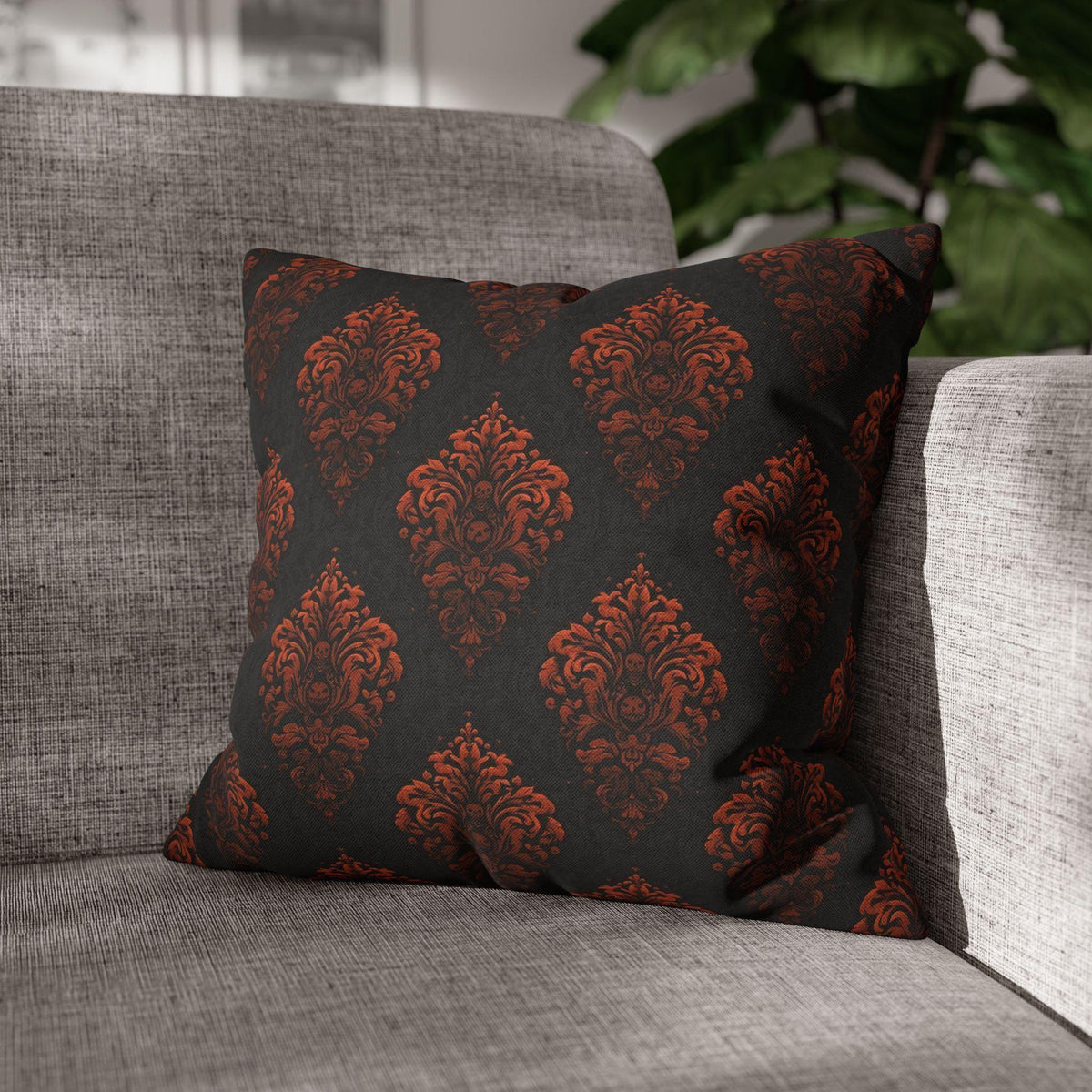 Halloween Damask Pillow Cover: Hidden Skulls in Black and Burnt Orange