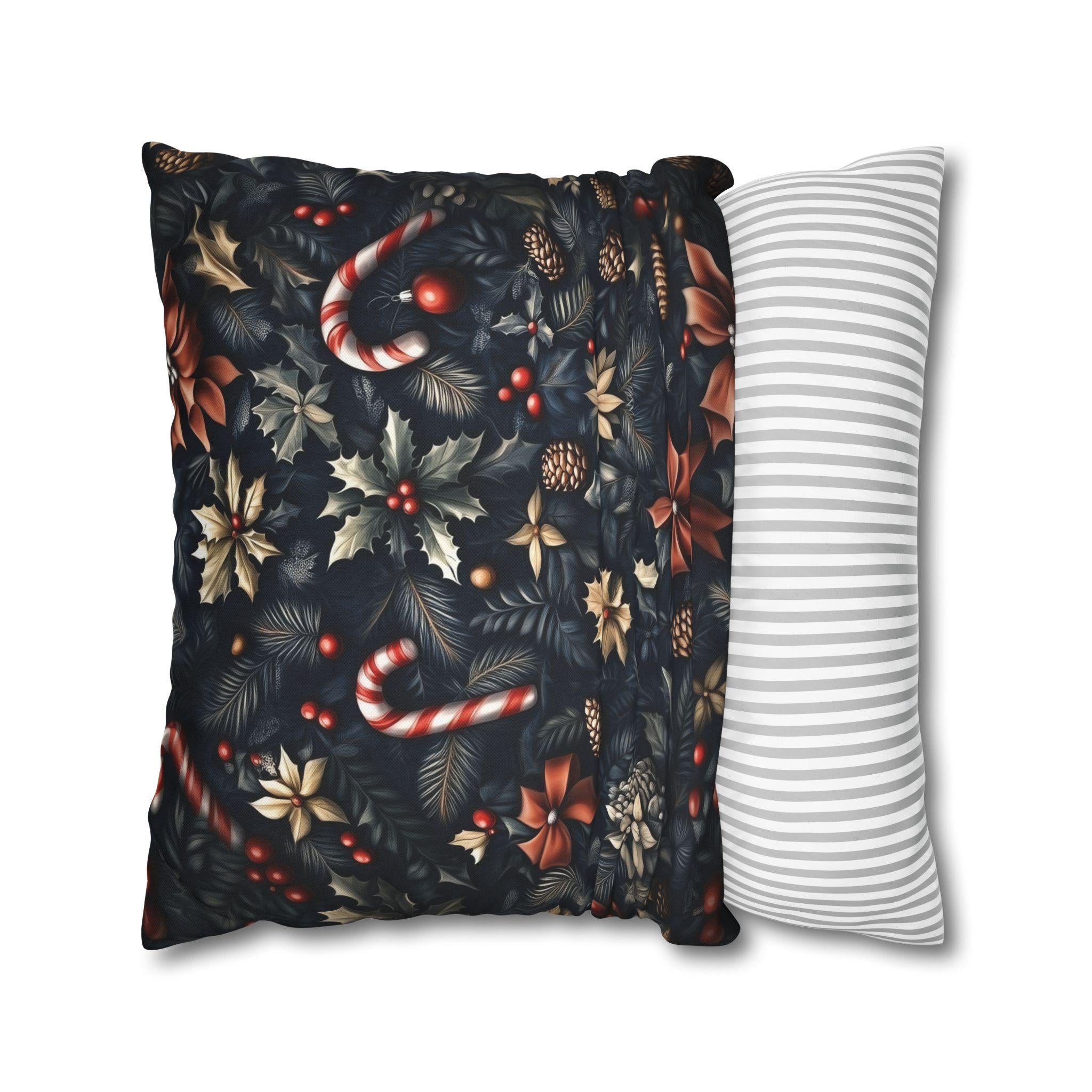William Morris Christmas Pillow Cover: Navy, Gold & Cranberry with Holly, Candy Canes and Pinecones