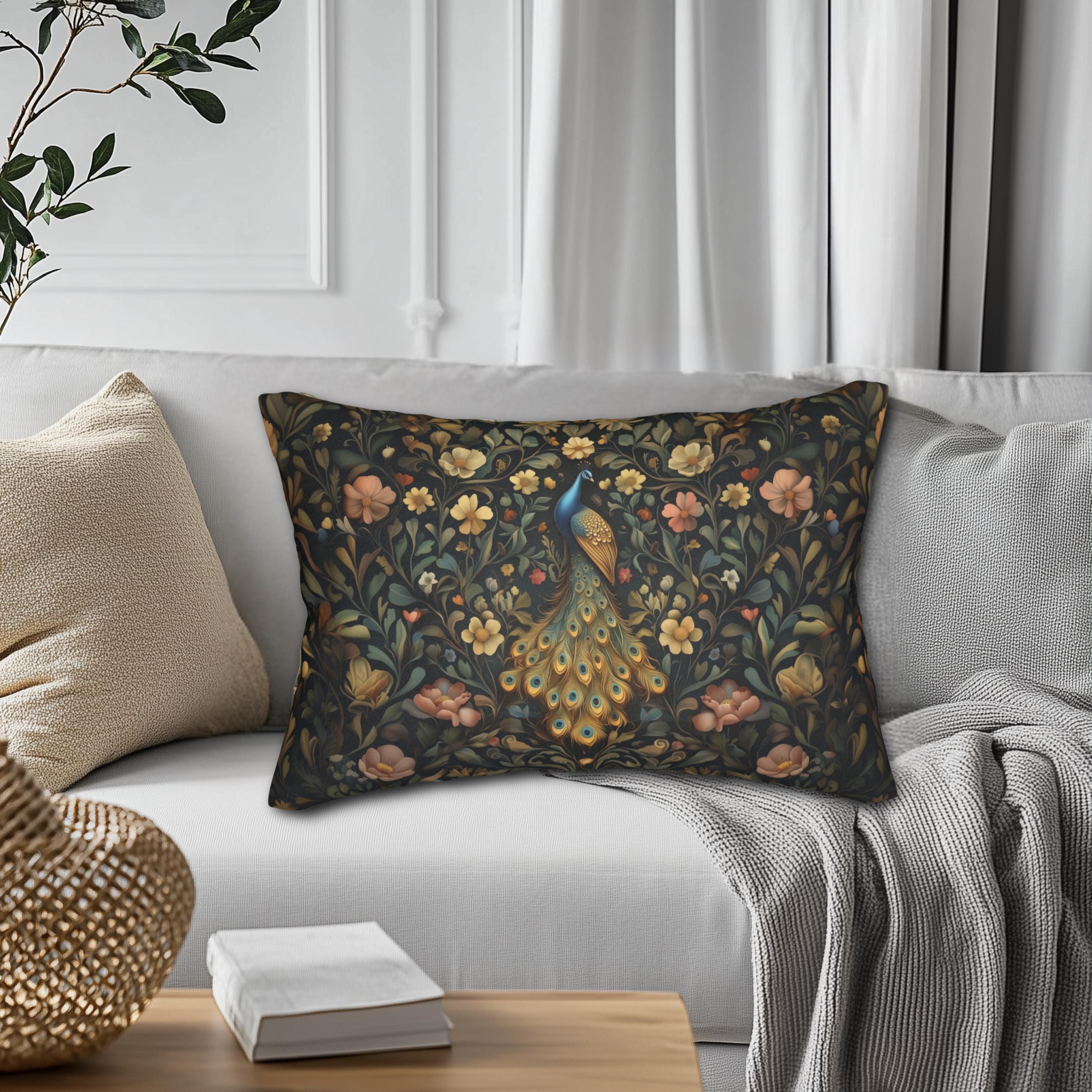 Majestic Peacock Lumbar Pillow: William Morris Vintage Style Arts and Crafts Decor