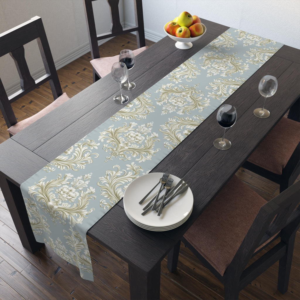 Baroque Floral Table Runner, Champagne Gold, Powder Blue