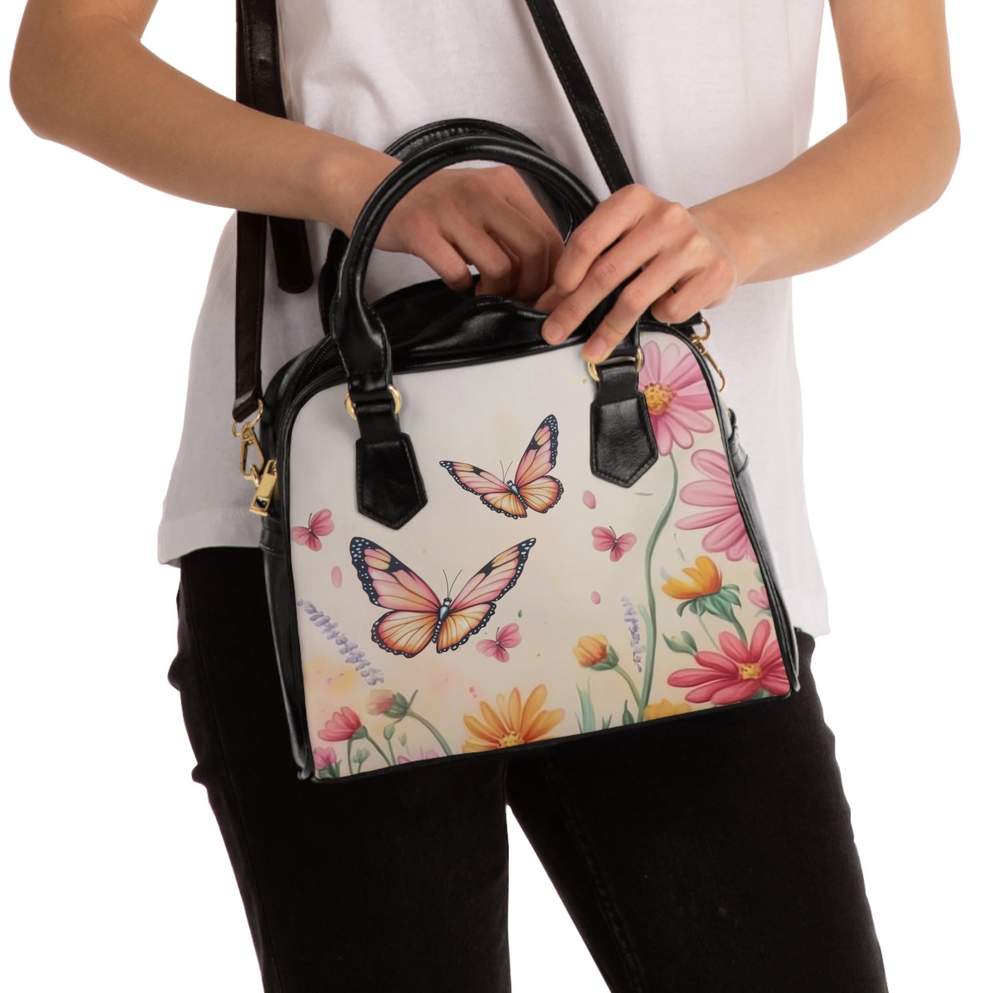 Butterfly Floral Vegan Leather Handbag: Spring Shoulder Satchel with Strap for Women