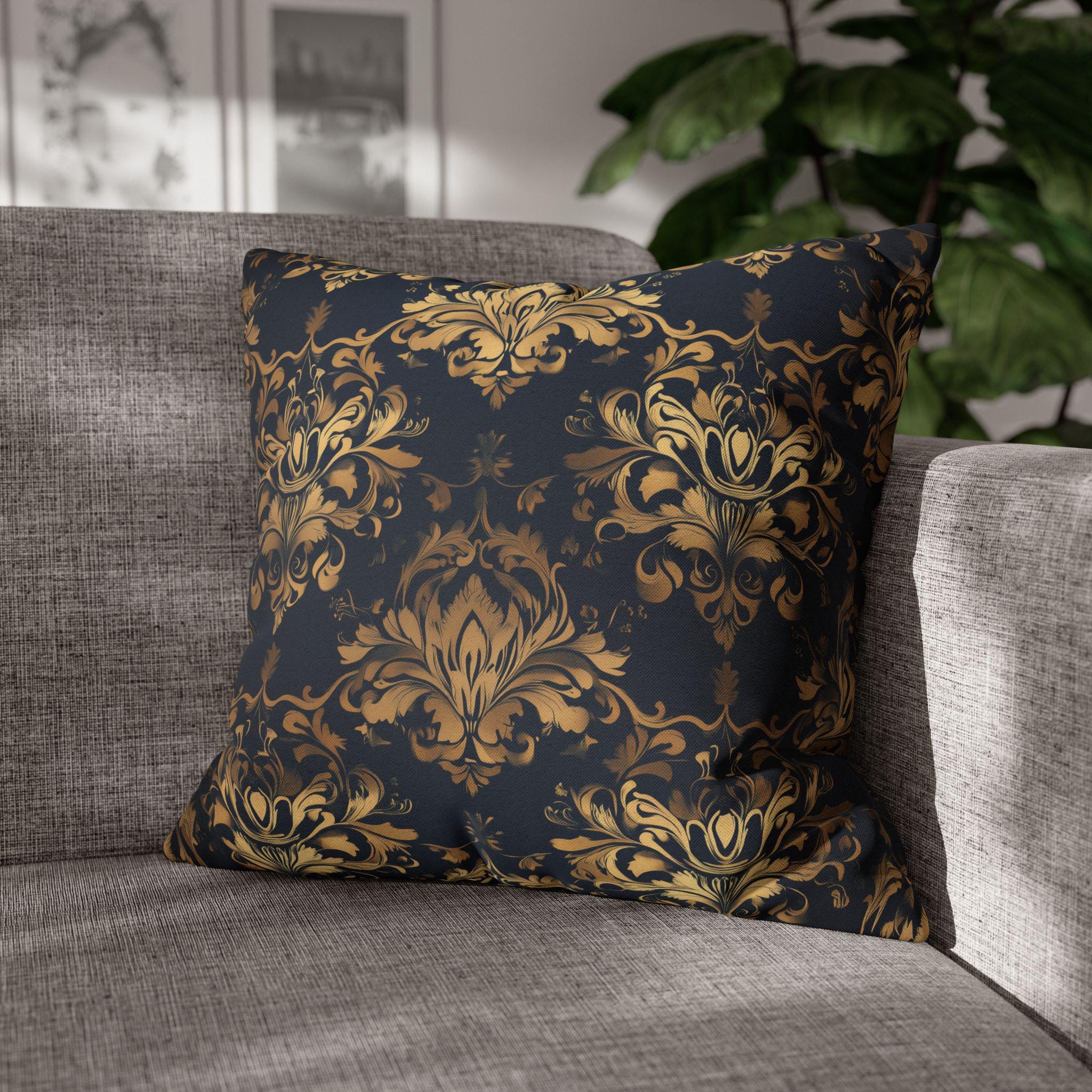 Gold Damask Medallion Pillow Cover: Elegant Navy Glam Decor