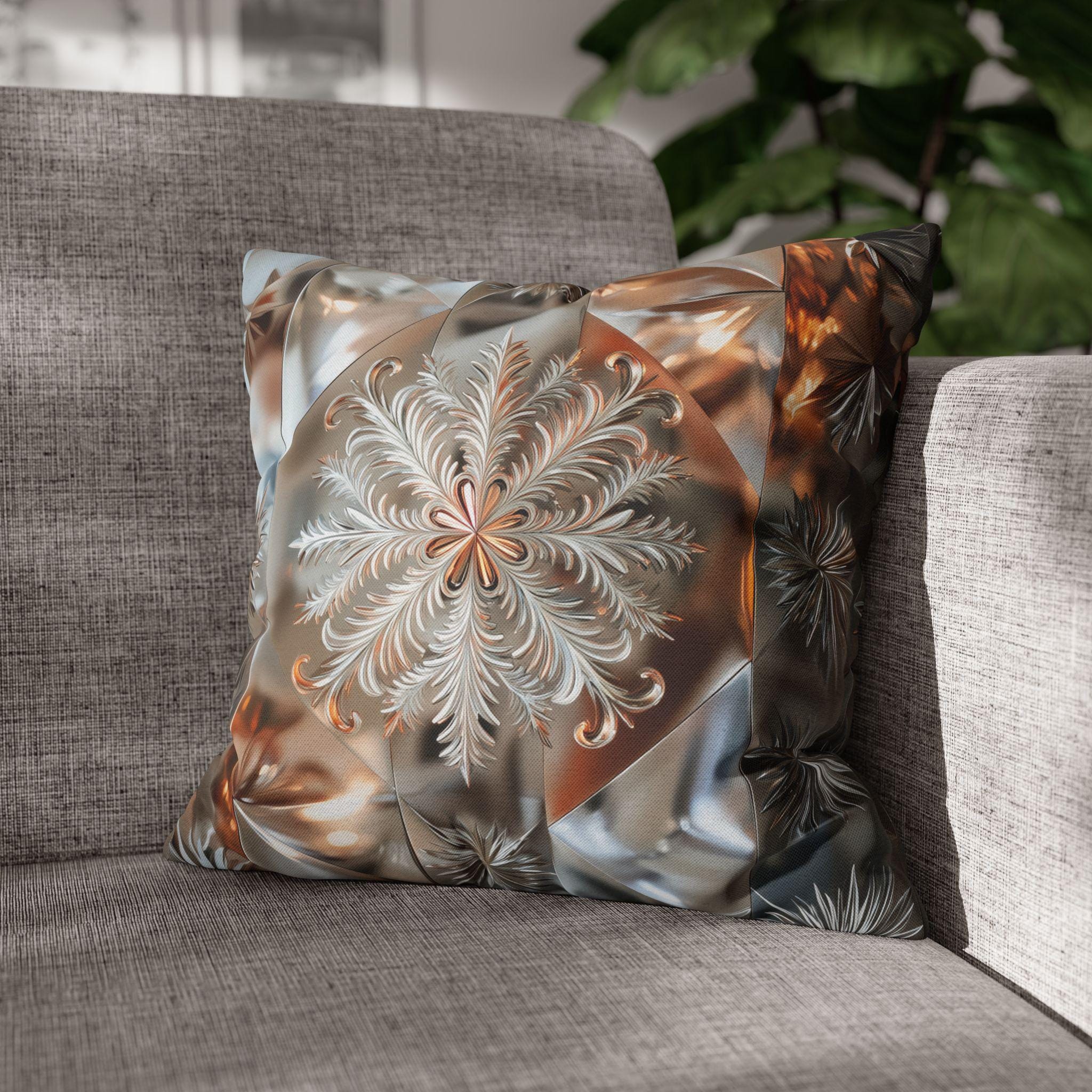 Snowflake Luxury Pillow Cover, Holiday Inspired Winter Charm, Silver Bronze Champagne Tones Square Pillowcase