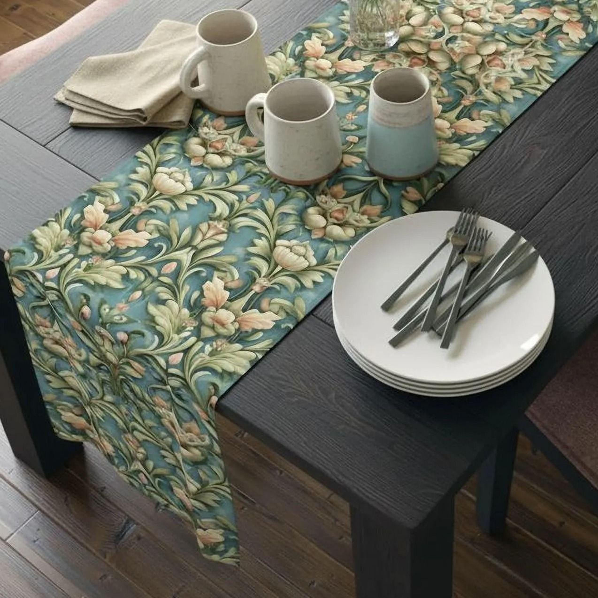 William Morris Table Runner: Vintage Style Botanical Teal Decor