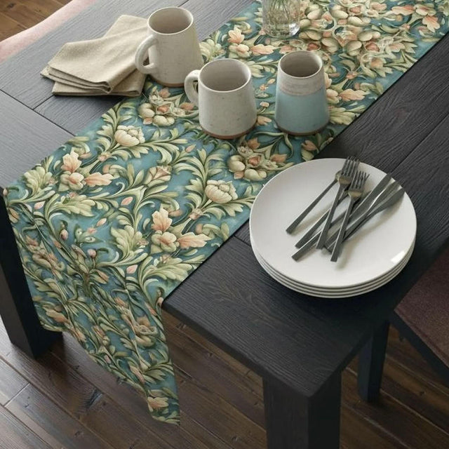 William Morris Table Runner: Vintage Style Botanical Teal Decor