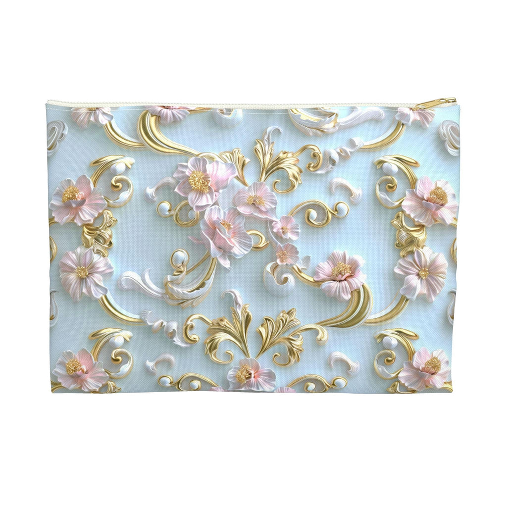 Rococo Zipper Pouch: Golden Scrollwork, Pink Flowers, Coquette Accessory