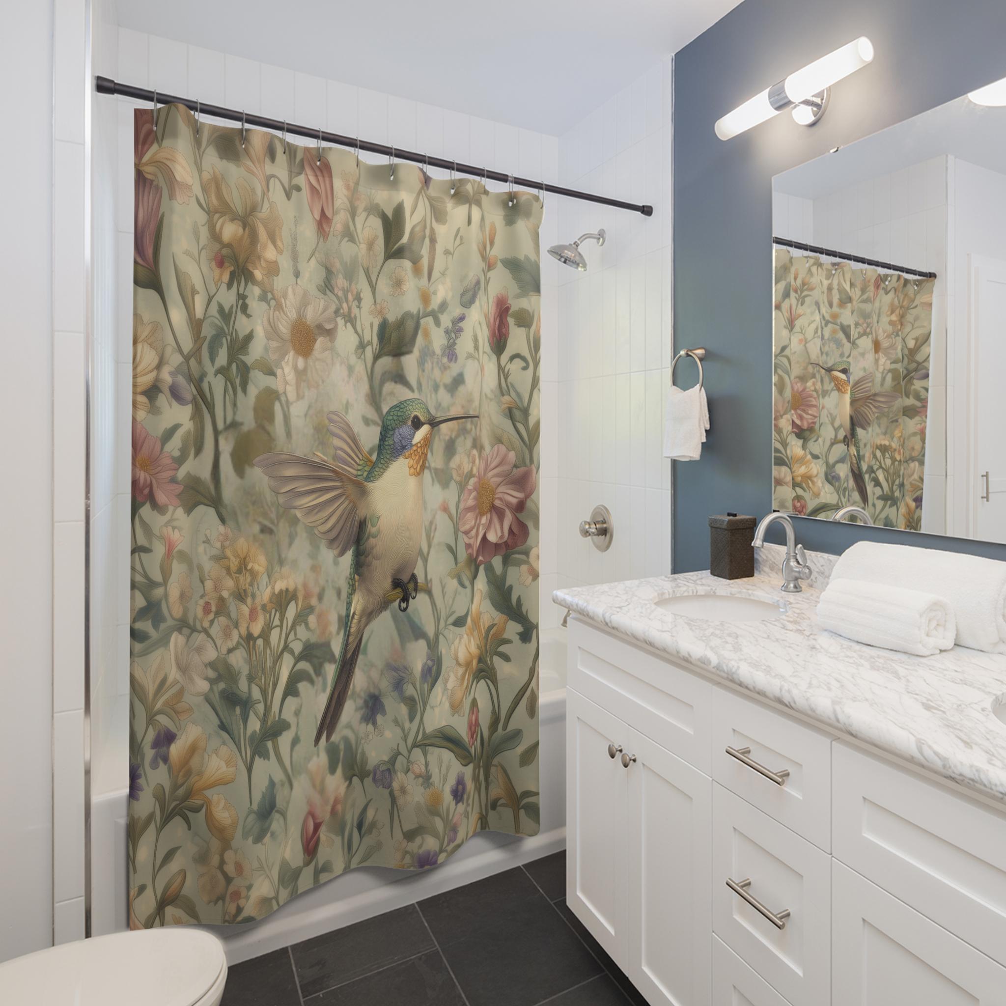 Vintage-Inspired Hummingbird Watercolor Shower Curtain: Soft Botanical Design for Cottagecore Bathrooms