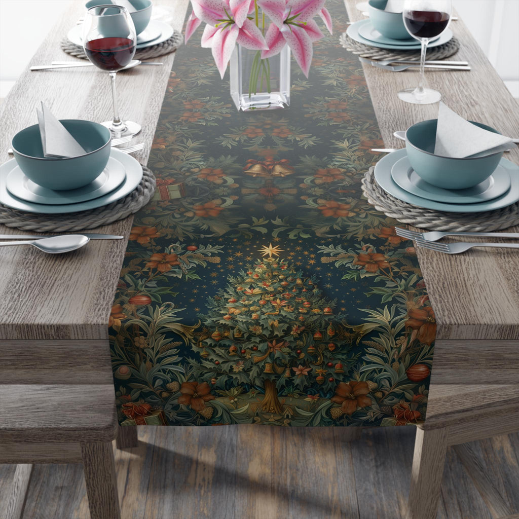 William Morris Christmas Table Runner: Victorian Floral, Deep Green & Red