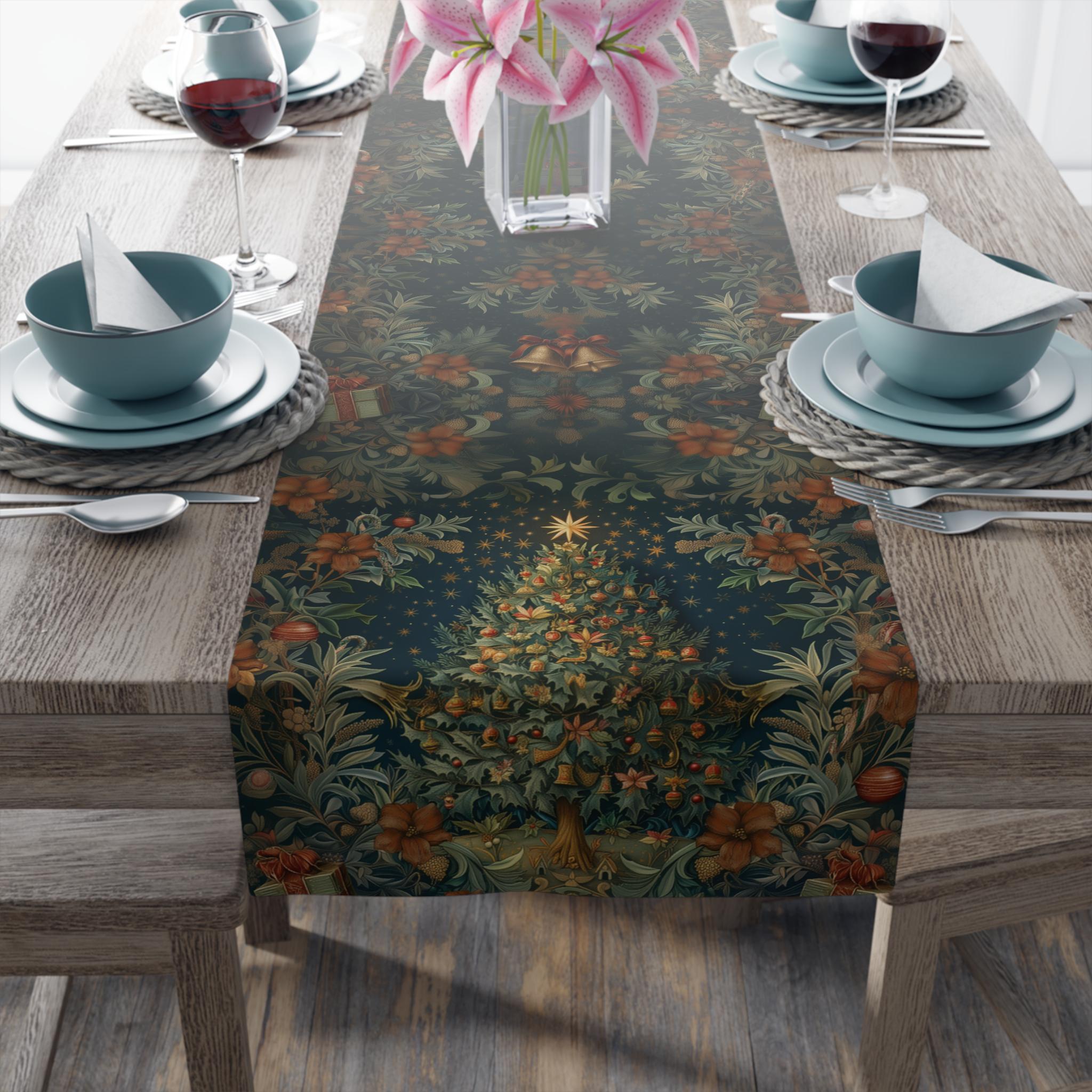 William Morris Christmas Table Runner: Victorian Floral, Deep Green & Red
