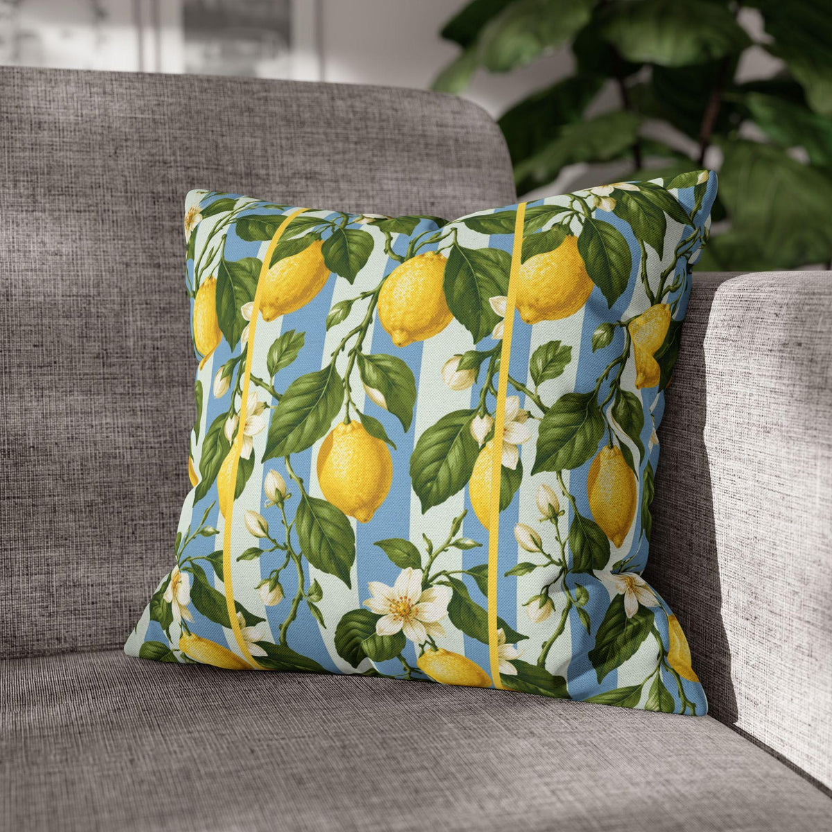 Lemon Soft Blue Stripe Pillow Cover: with Green Leaves and White Florals