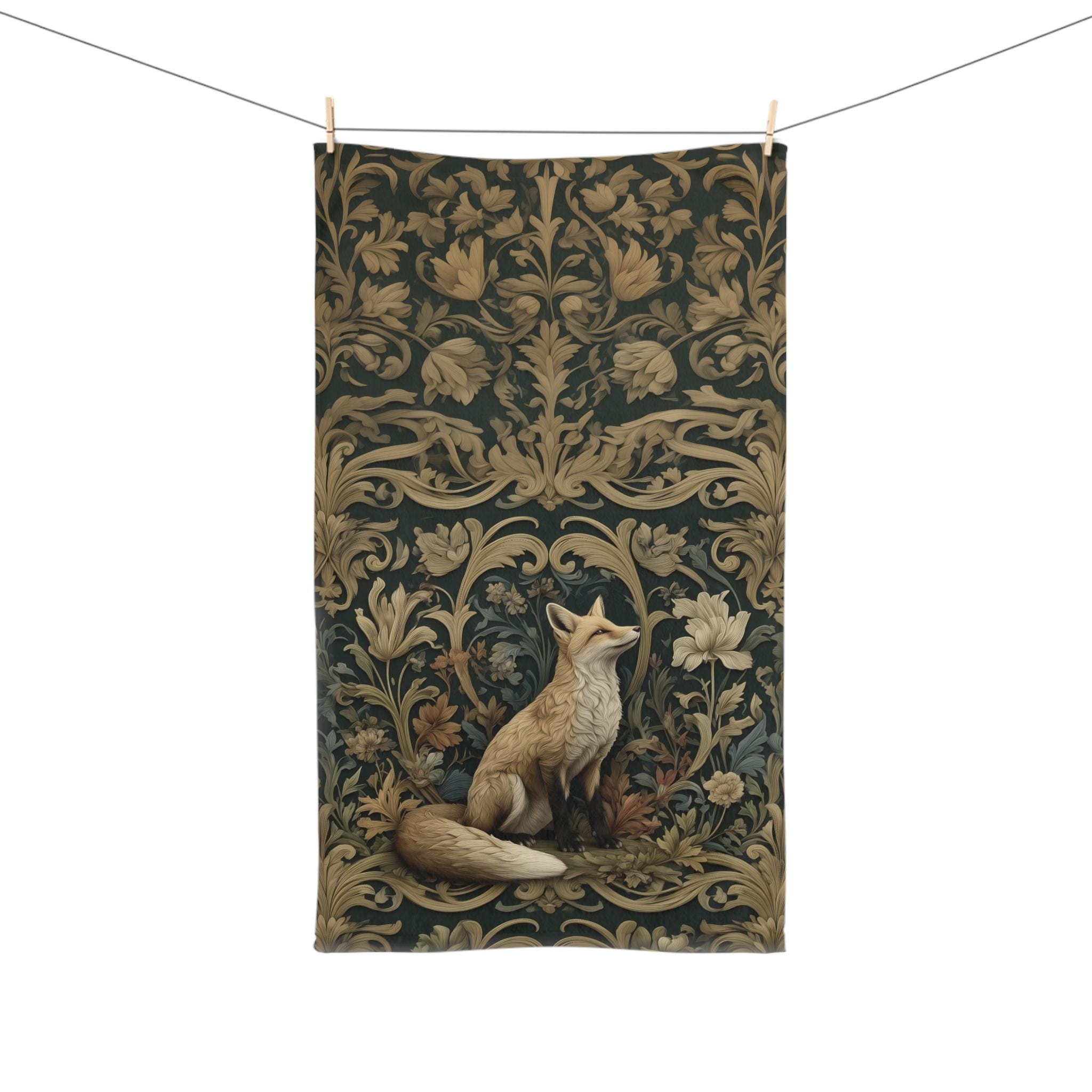William Morris Fox Hand Towel: Dark Woodland Botanical Arts & Crafts Decor