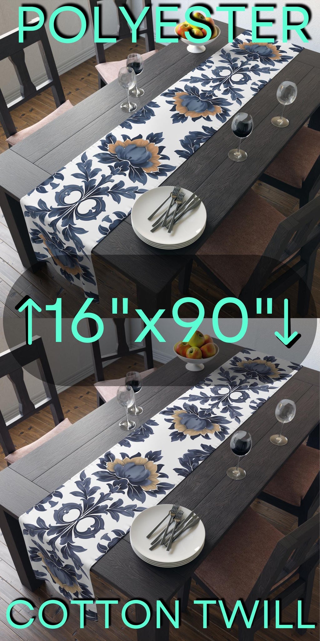 Floral French Country Table Runner: Blue Camel Farmhouse Decor