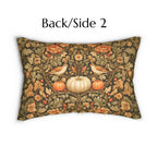Pumpkin Thief Fall Lumbar Pillow: William Morris Inspired Songbirds, Pumpkins, Autumn Flowers (20"x14")