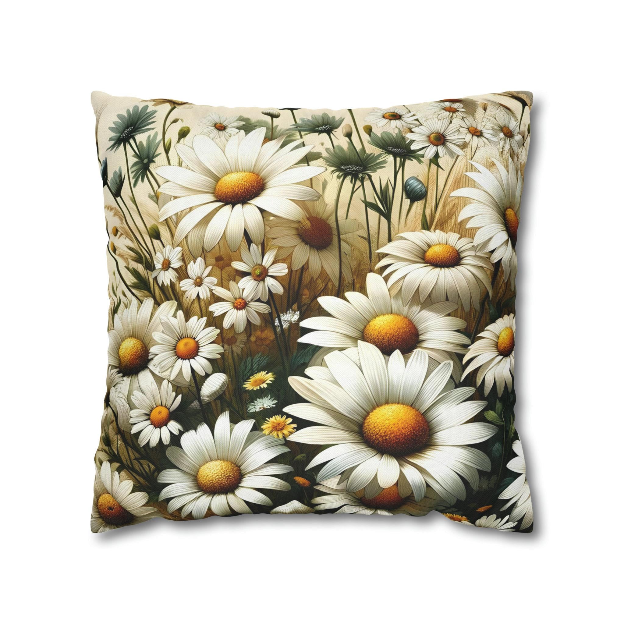 Vibrant Daisy Pattern Throw Pillow Cover | Organic Warmth on Cream Background | Charming Floral Design