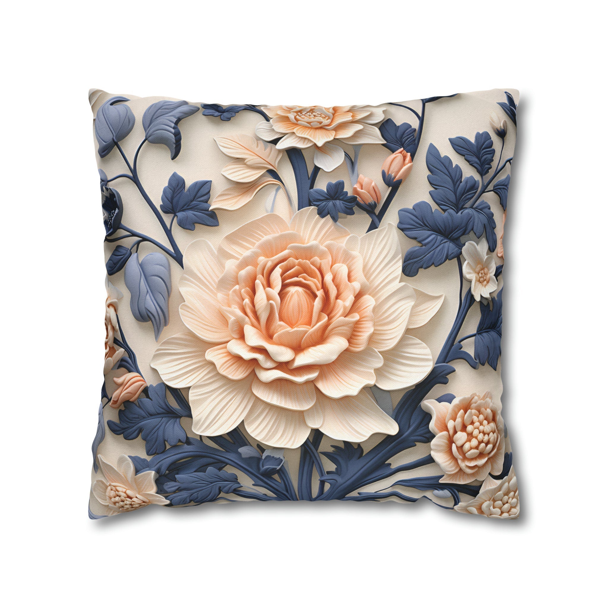 Chinoiserie Floral Pillow Cover: Peach Flower, Dark Blue Botanicals