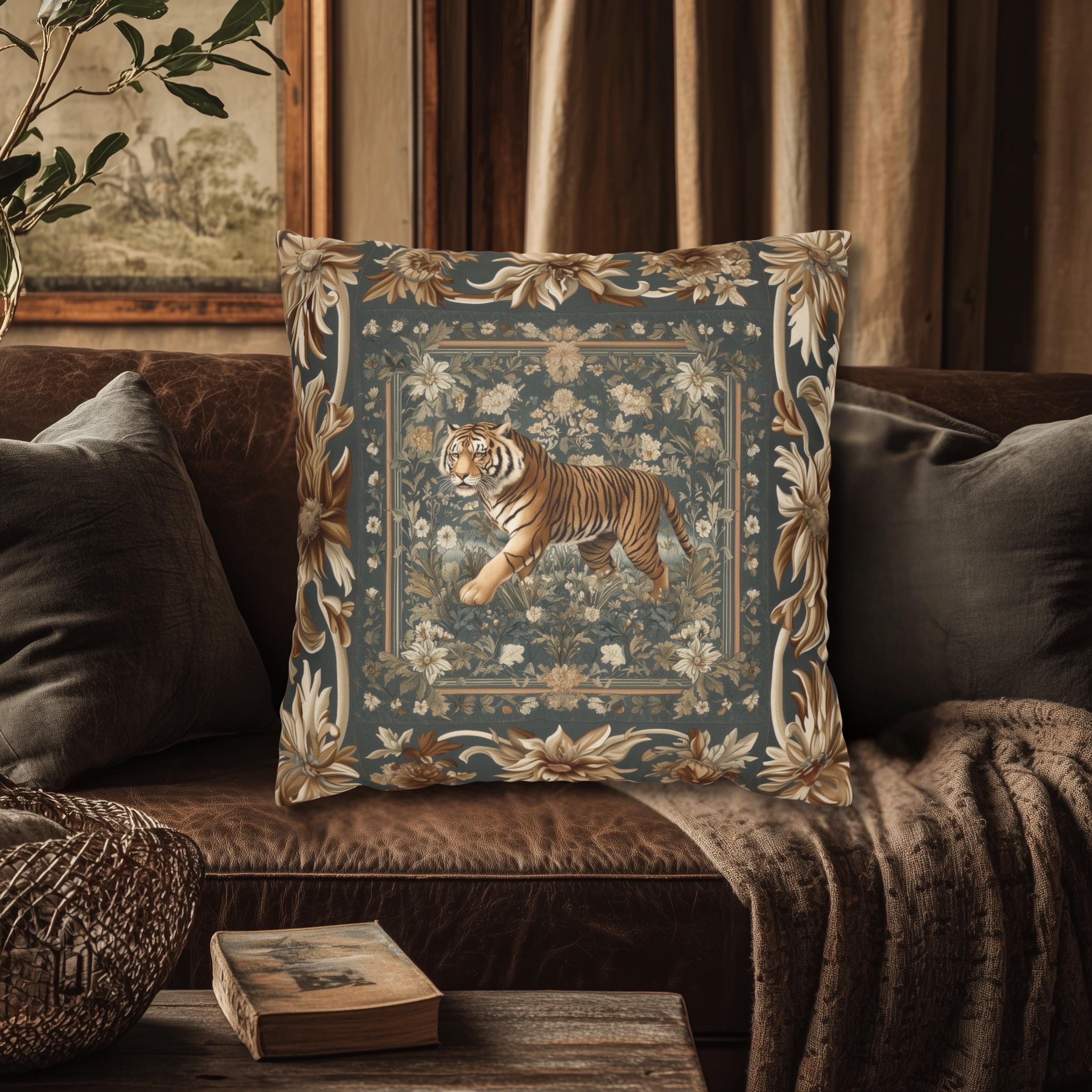 Tibetan Tiger Botanical Tapestry Pillow Cover: William Morris Inspired Garden Art