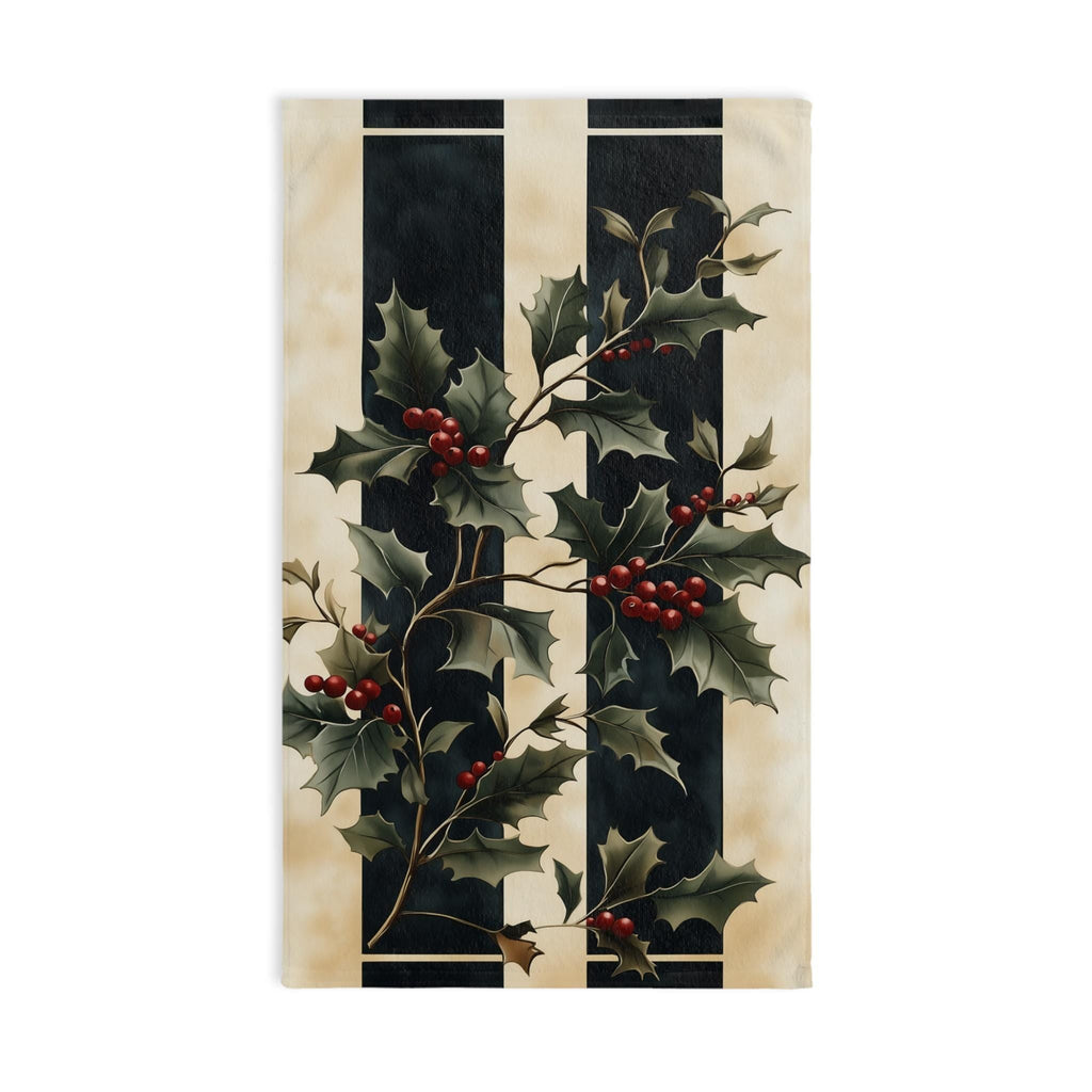 Holly & Stripes Christmas Tea Towel, Elegant Green Red Kitchen Decor