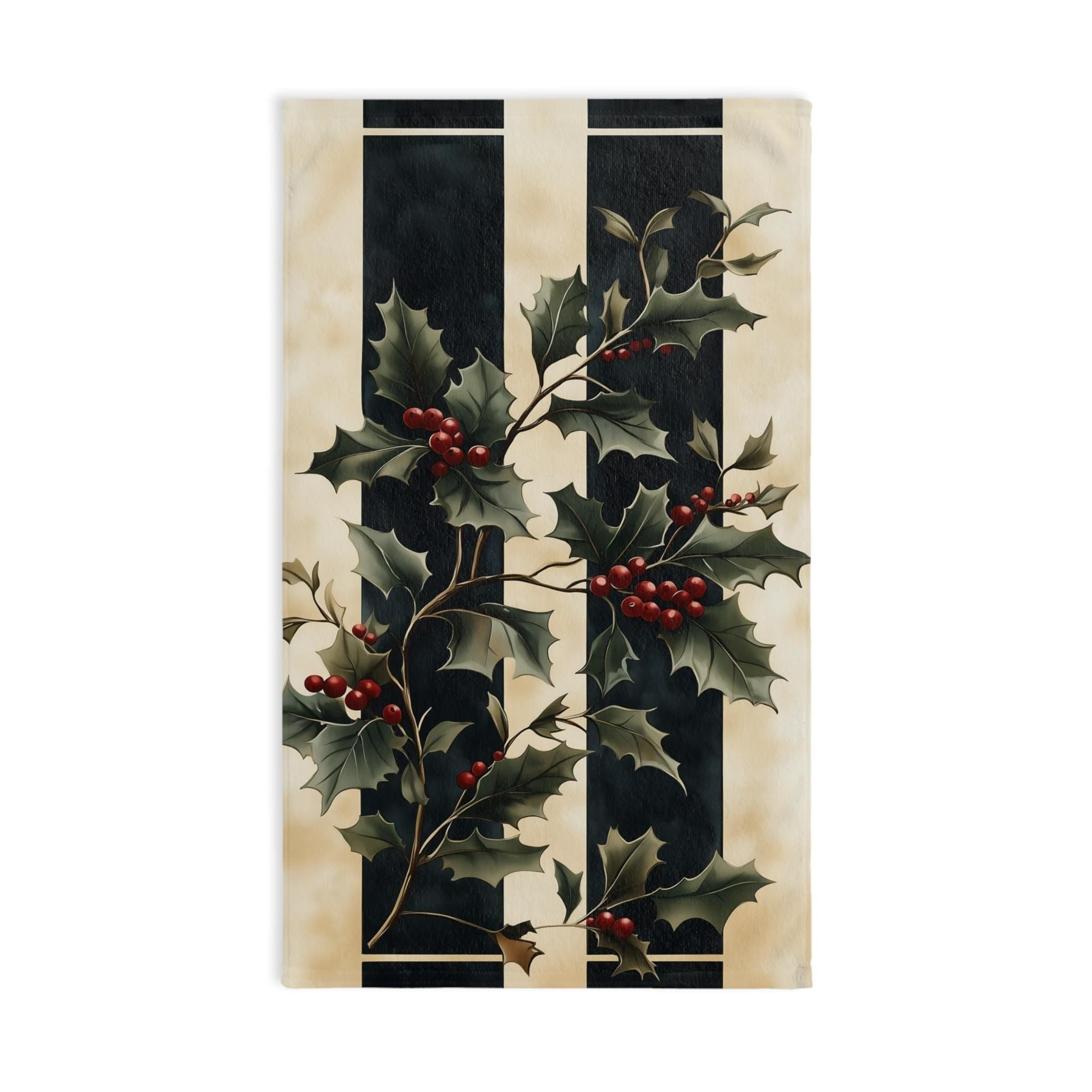 Holly & Stripes Christmas Tea Towel, Elegant Green Red Kitchen Decor