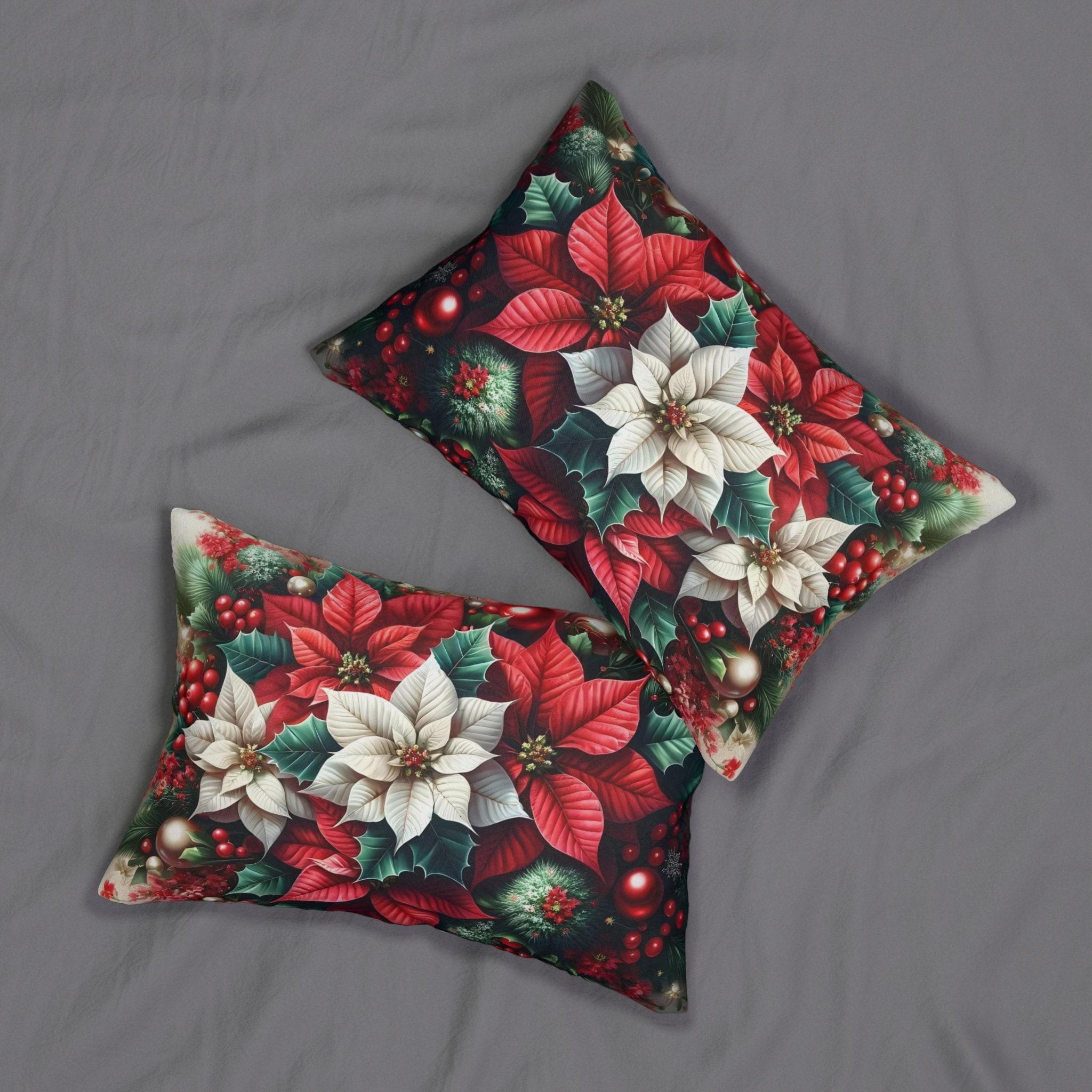 Poinsettia Christmas Lumbar Pillow Cover Red White Holiday Floral Accent in Festive Winter Style
