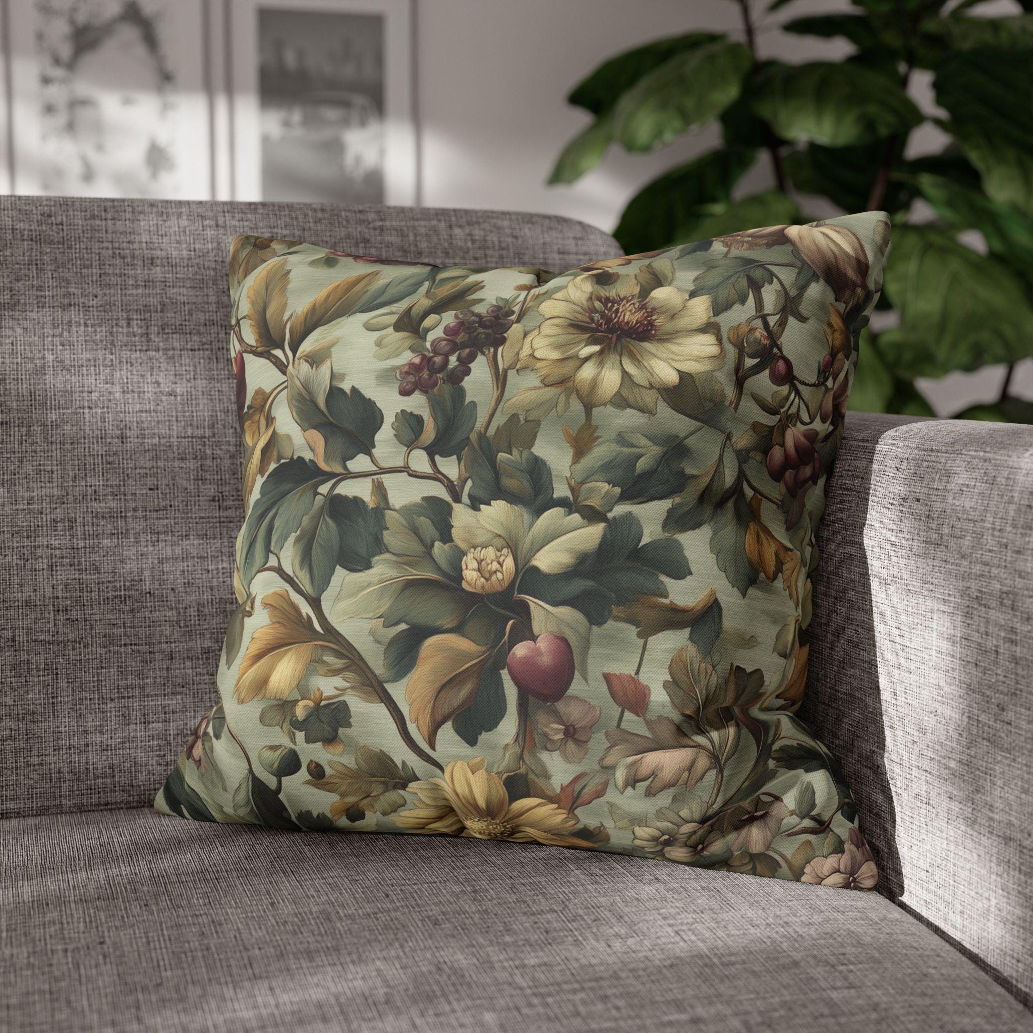 Vintage-Inspired Fall Botanical Pillow Cover: Sage, Wine, Wheat Hues for Cozy Home Decor