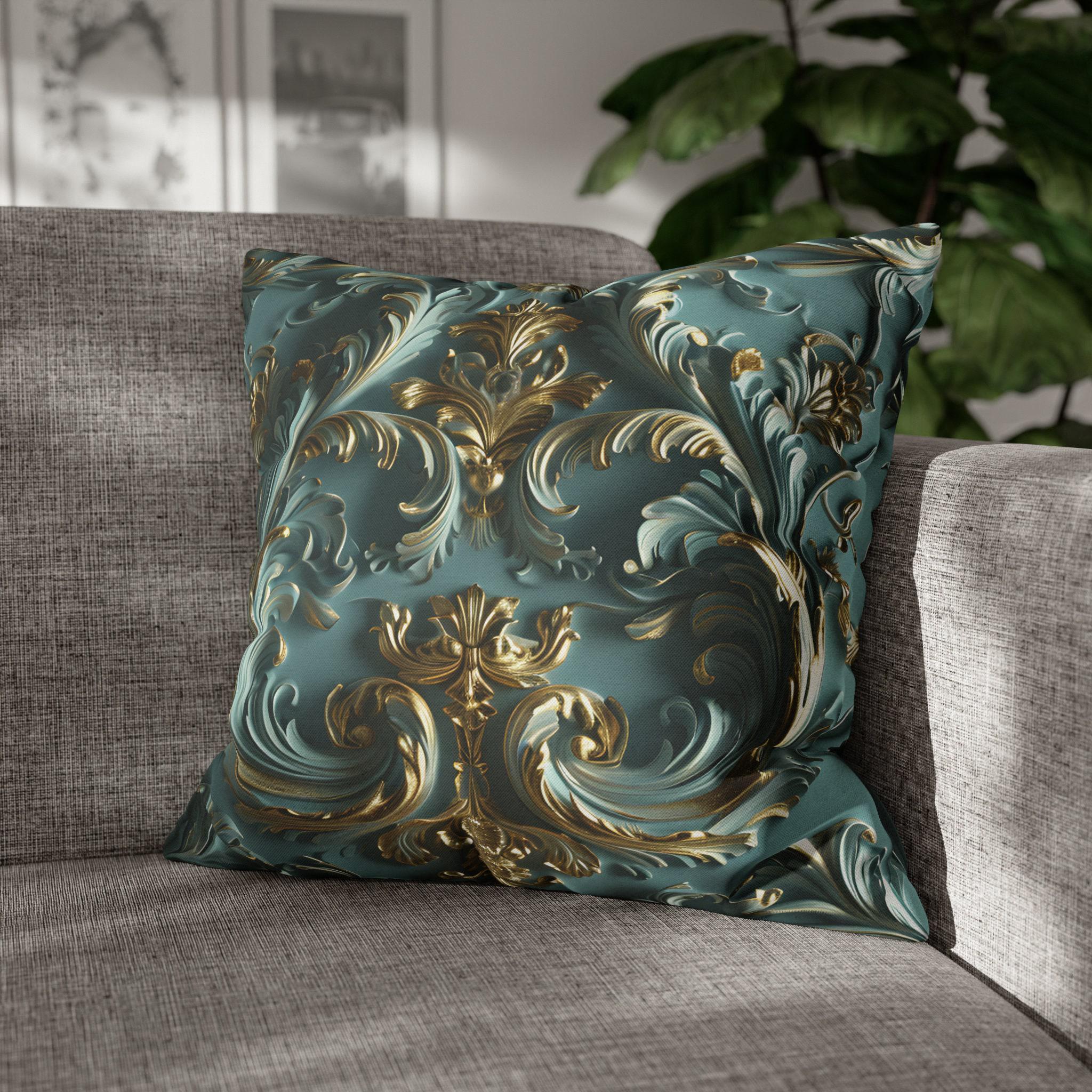 Luxurious Rococo Square Throw Pillow Cover: Teal and Soft Gold Cushion Case