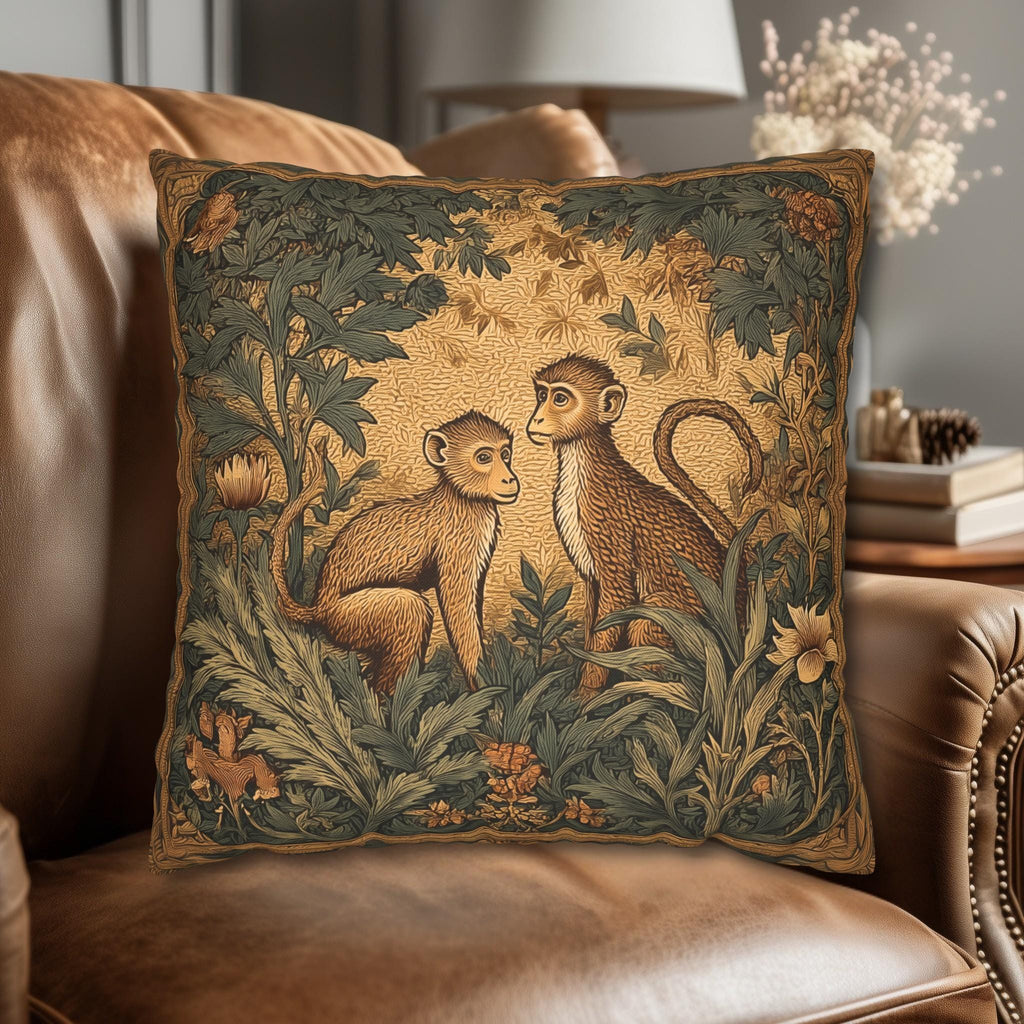 William Morris Style Throw Pillow Cover:  Monkey Jungle Botanical Design