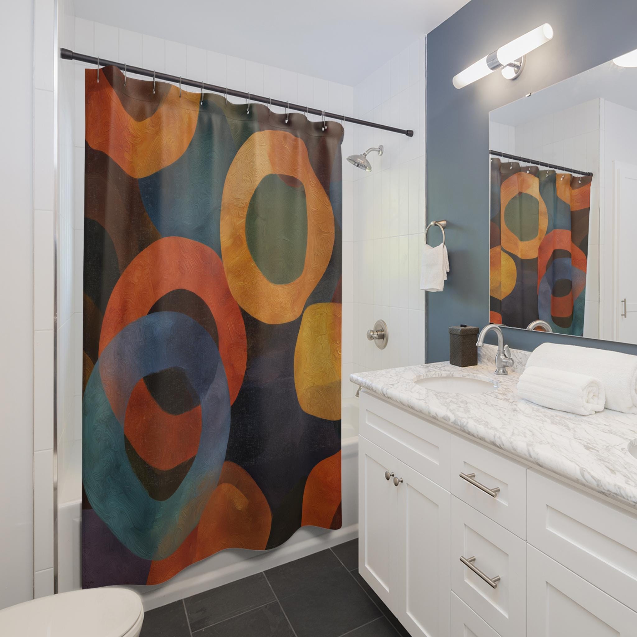 Retro Bold Circle Pattern Fabric Shower Curtain: Burnt Orange, Gold, Teal on Black Background