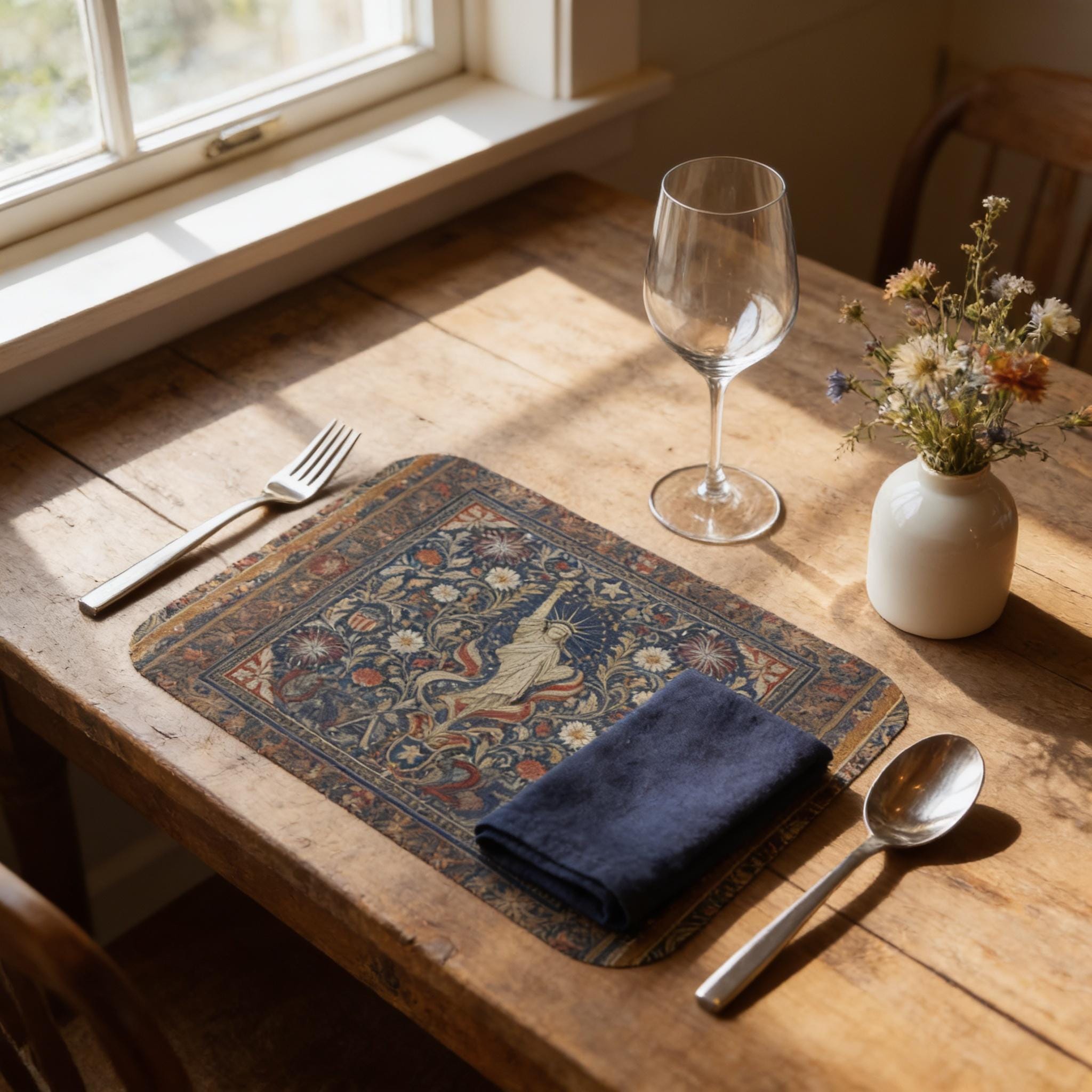 Patriotic Floral Tapestry Leather Placemat: USA 250 Keepsake Decor